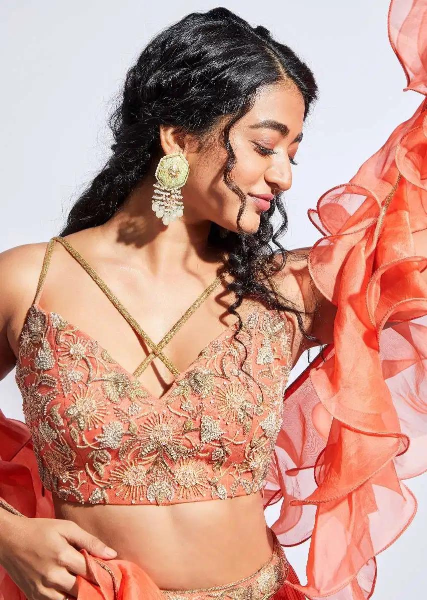 Coral Tiered Skirt Crop Top Featuring Cutdana Embellished Floral Blossoms Ruffle Drape