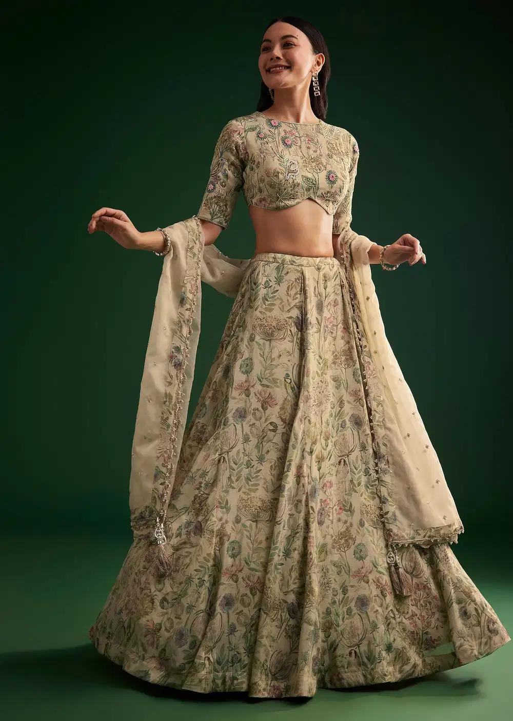 Cream Floral Lehenga Skirt Blouse Featuring Organza Drape