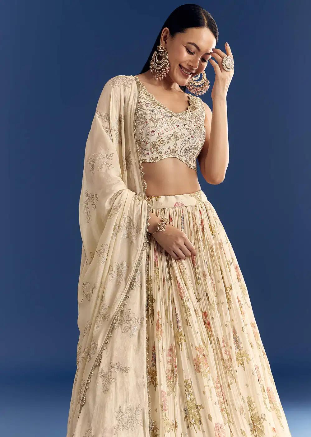 Cream Organza Lehenga Skirt Ensemble Featuring Zardosi Blouse Sequins Drape