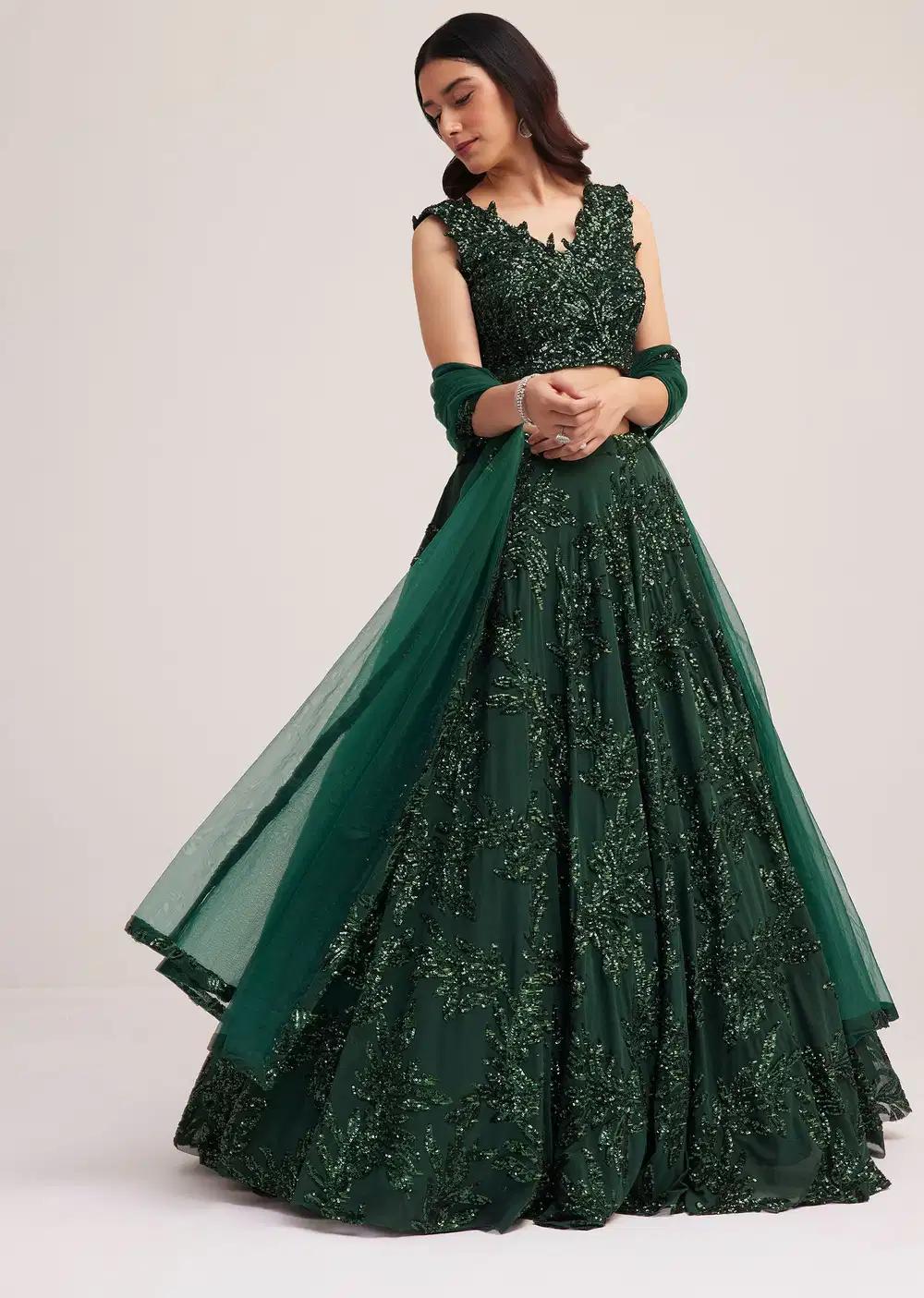 Dark Green Sequin Embellished Lehenga Skirt Ensemble