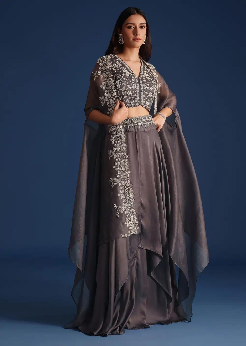 Dark Grey Asymmetric Organza Jacket Featuring Crop Top Draped Skirt