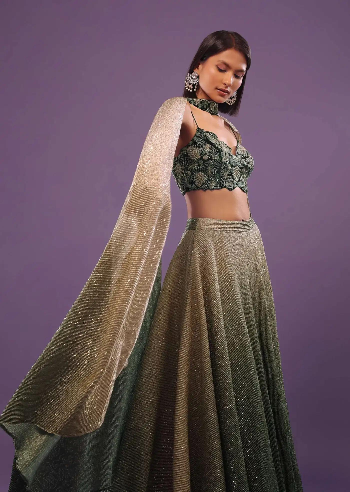 Deep Green Ombre Gold Handcrafted Lehenga Skirt Ensemble Featuring Sequins Embroidery