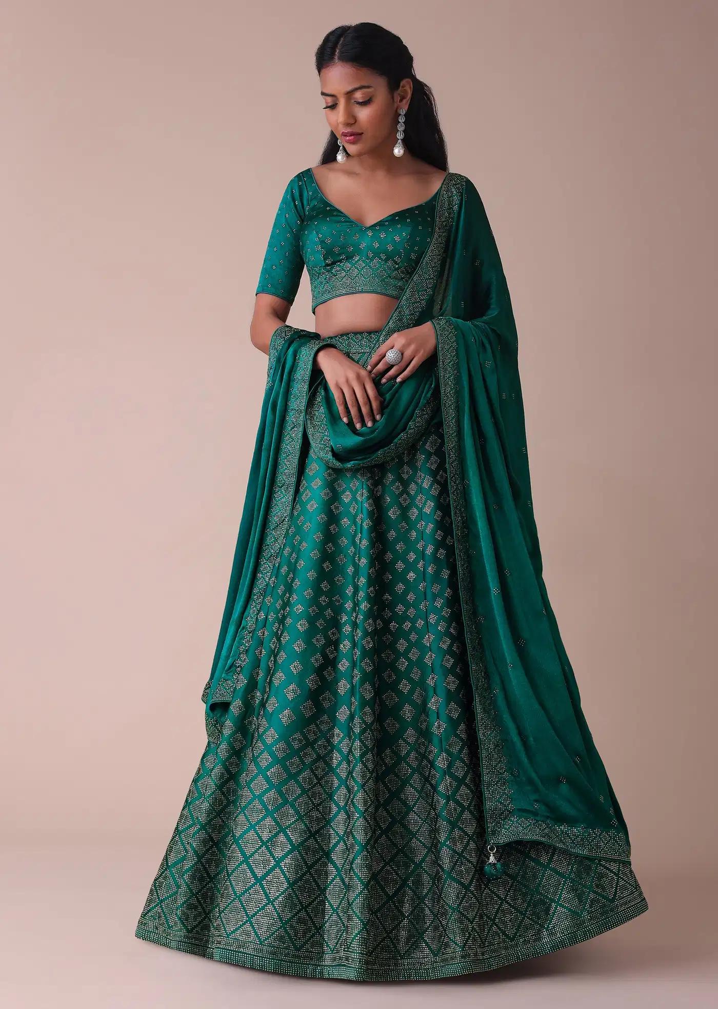 Deep Green Swarovski Embellished Lehenga Skirt In Wrinkle Satin