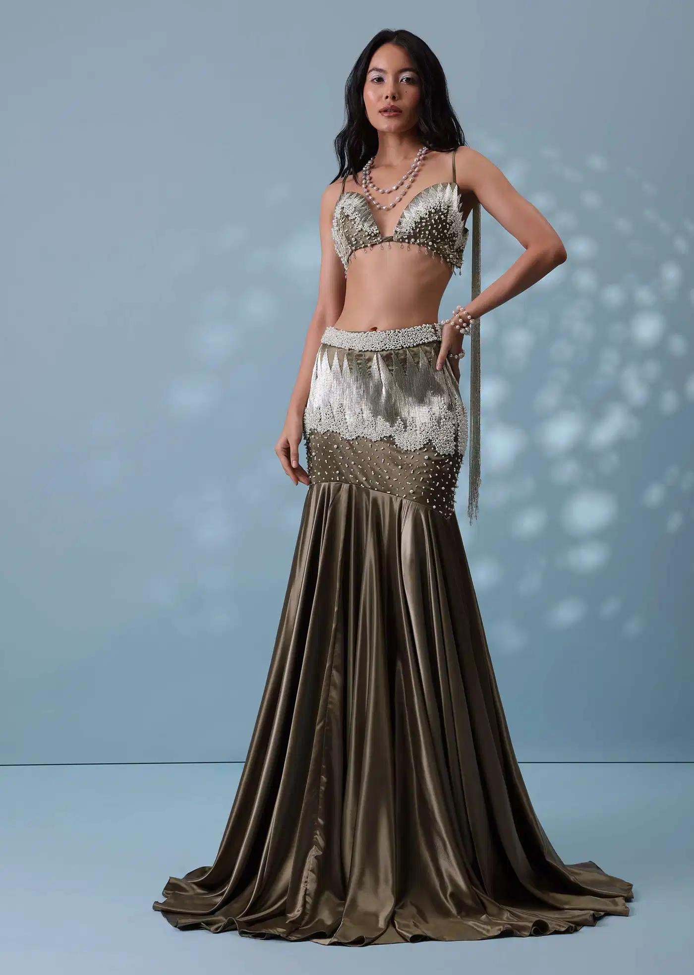 Dusty Brown Handcrafted Trail Lehenga Skirt Ensemble In Milano Satin Featuring Tassel Blouse