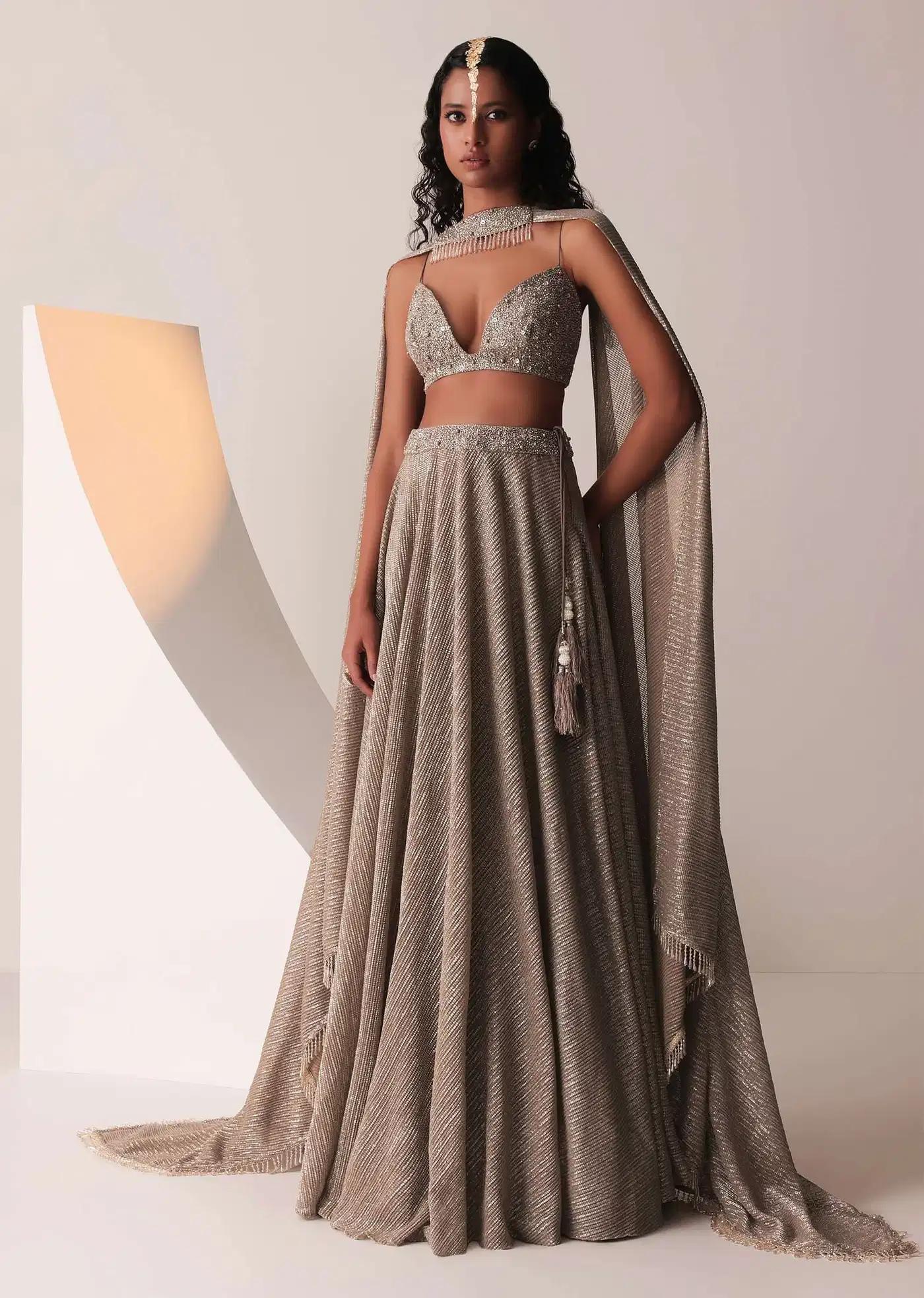 Dusty Copper Gold Handcrafted Lehenga Skirt Ensemble In Knit Strechable Sequins Fabric