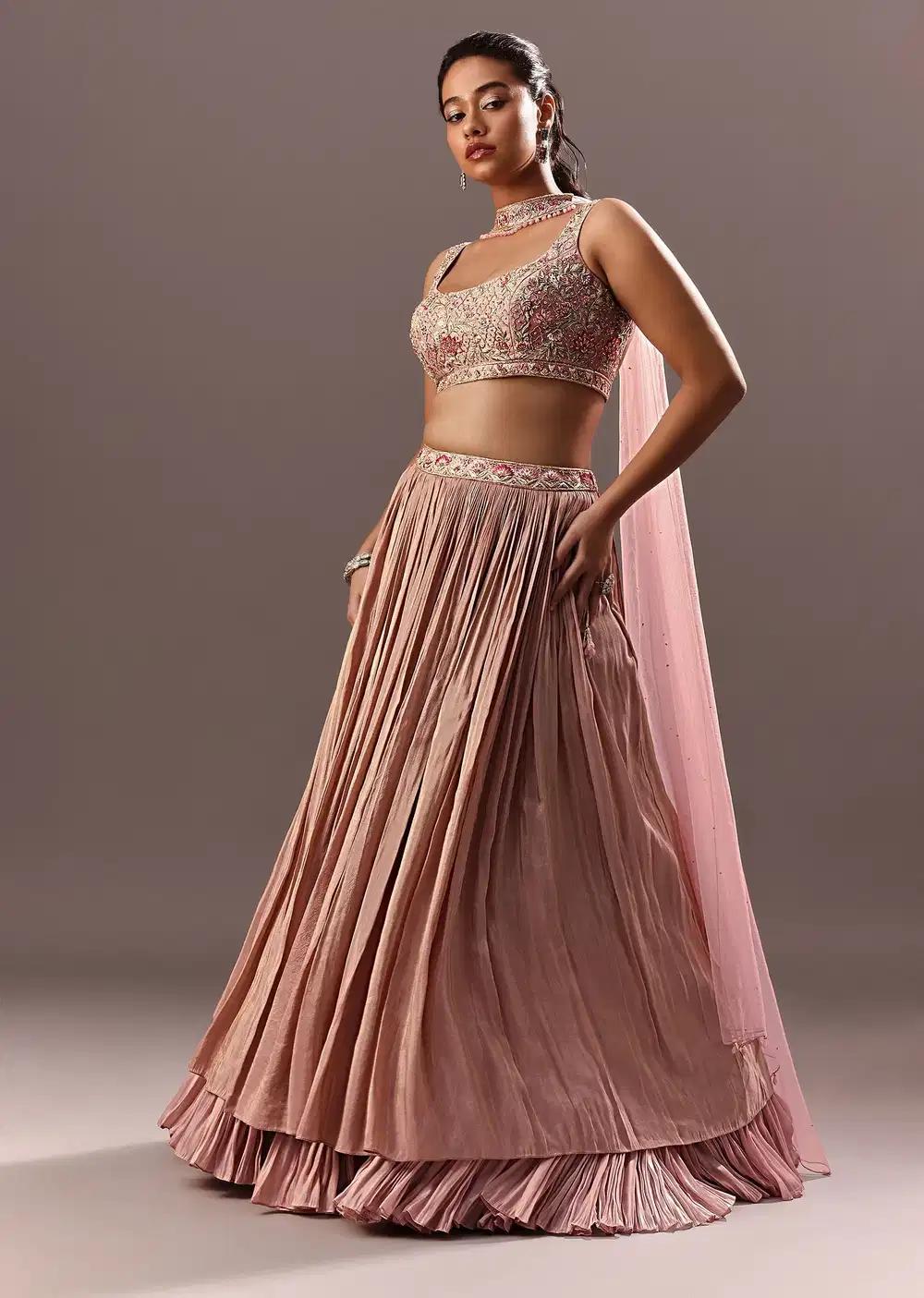 Dusty Pink Ruching Lehenga Skirt Featuring Handcrafted Blouse Choker Drape