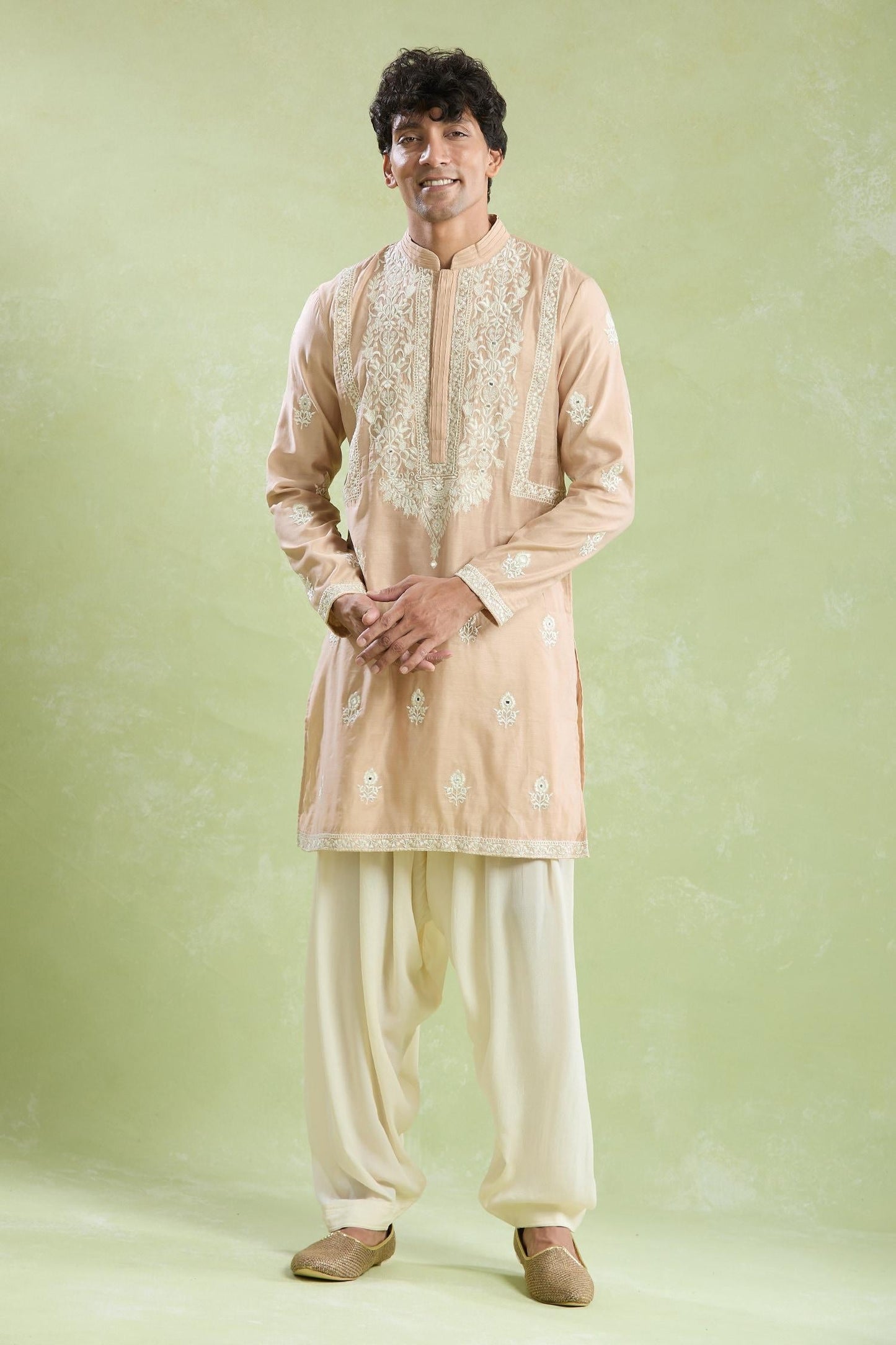 Kurta With Salwar Beige Chanderi Crepe Embroidery Mughal Floral
