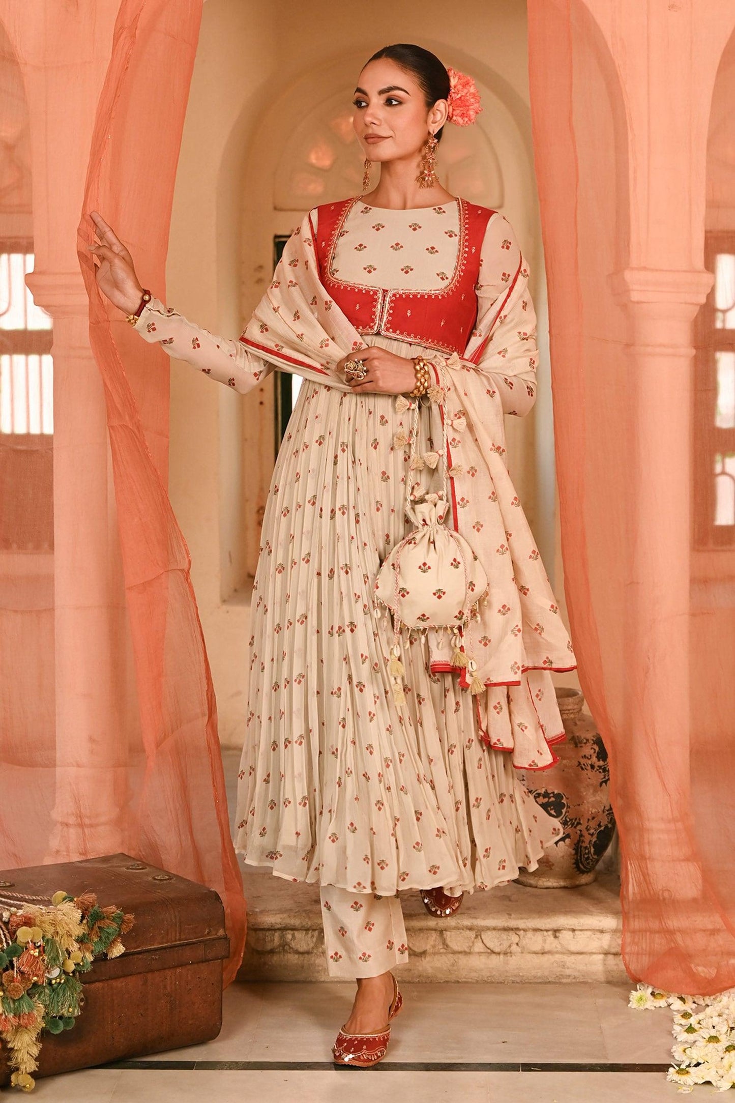 Beige Chiffon, Chanderi Embroidery Round Floral Print Anarkali Set With Koti - Designer Kurta Set