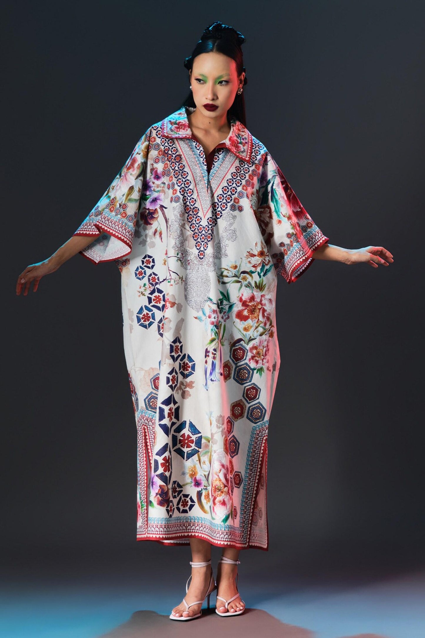 Beige Cotton, Poplin Collared, V-neck Briana Floral Print Designer - Designer Kurta Set