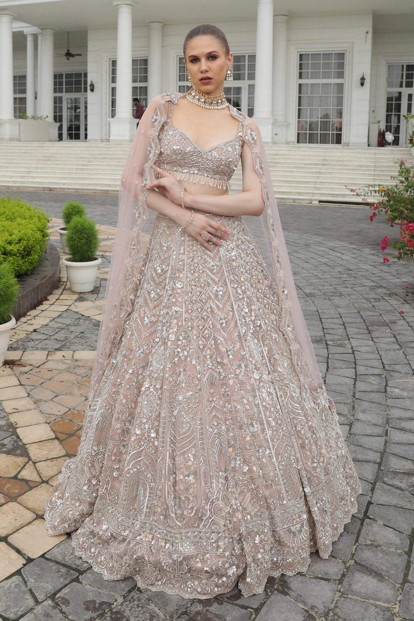 Beige Net Sequins, Crystals Sweetheart Neck Hand Embroidered Bridal Lehenga Set - Designer Kurta Set