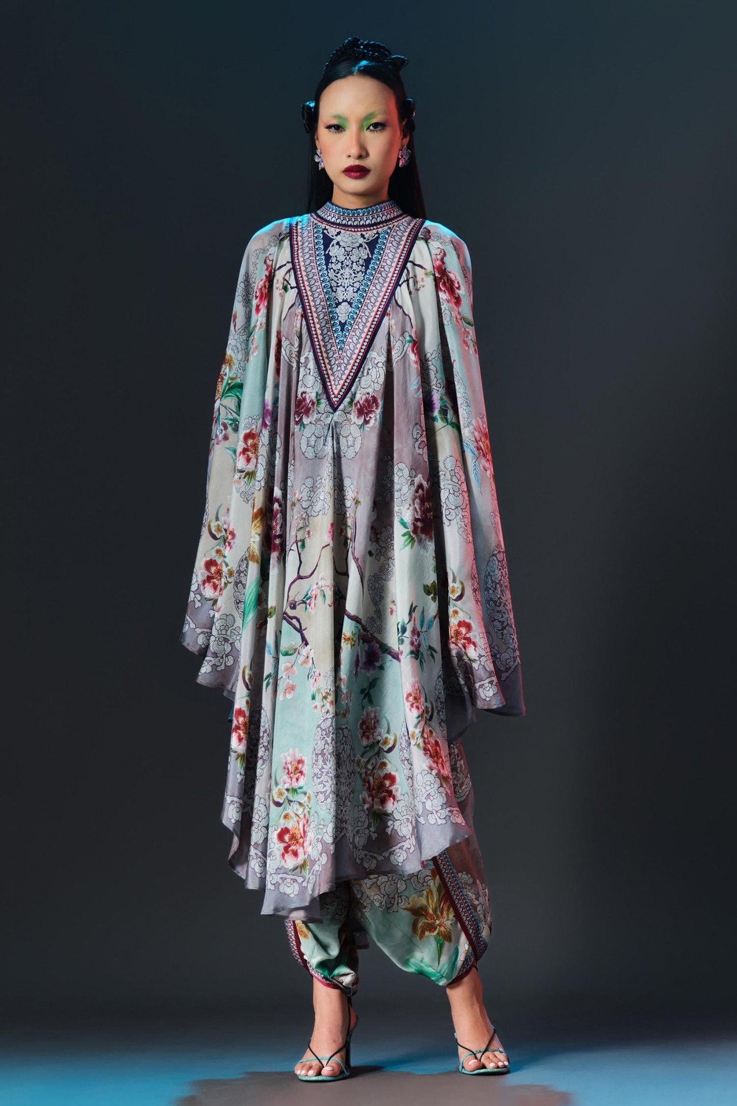 Beige Silk Collared Farah And Sage Draped Circular Kaftan - Designer Kurta Set