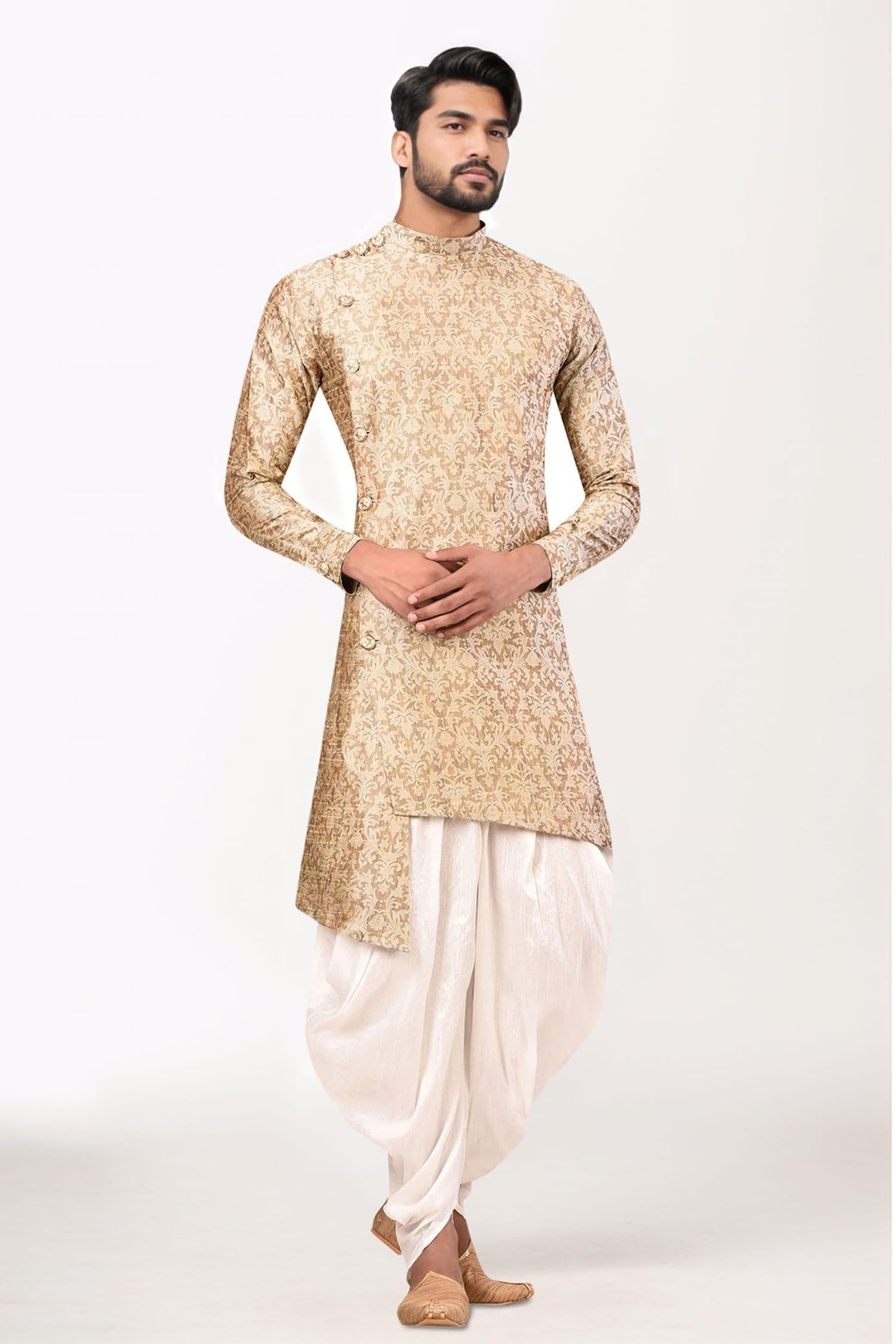 Kurta Set Beige Silk Cotton Embroidery Jacquard