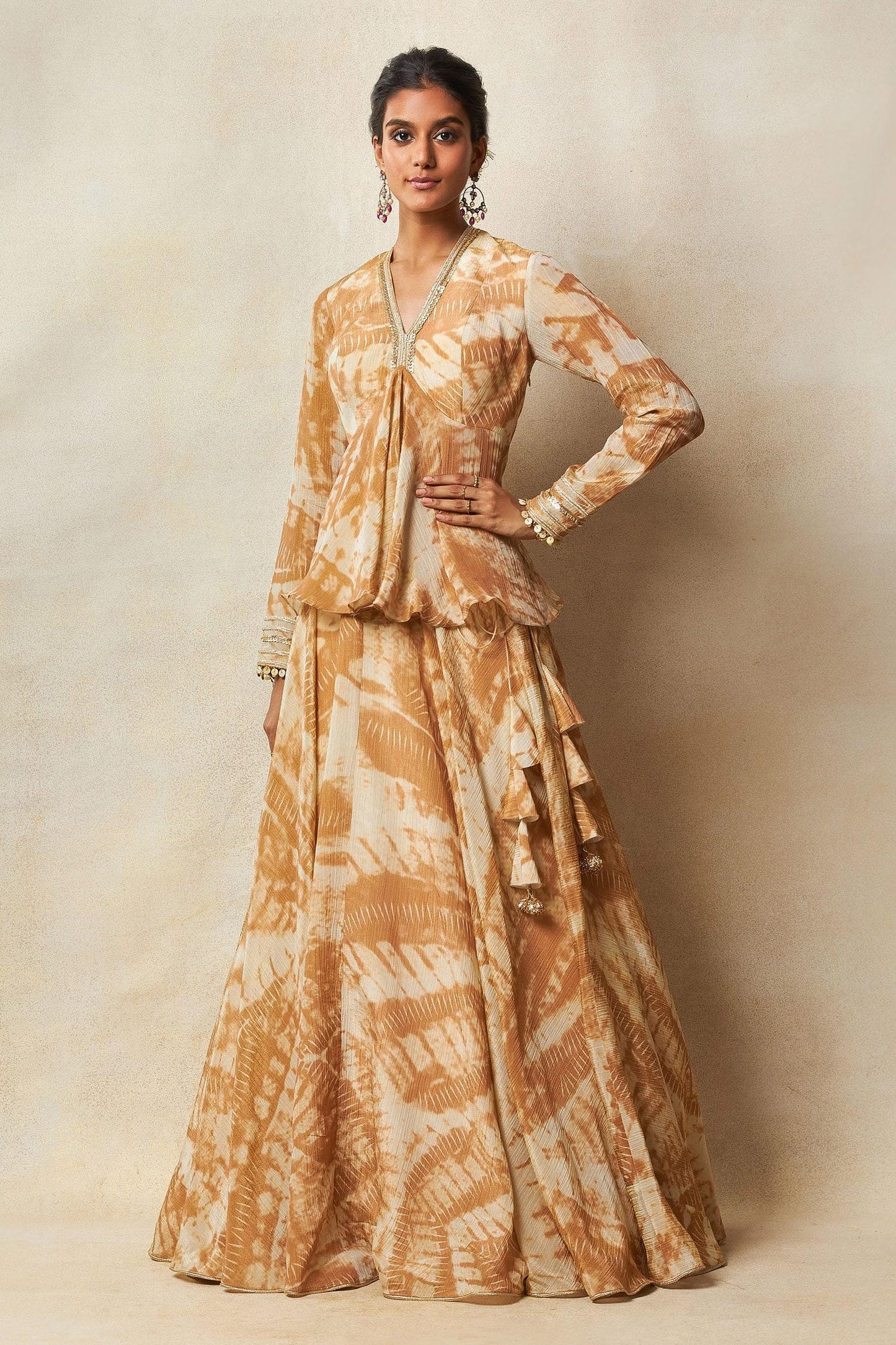 Beige Silk Embroidery V-neck Abstract Print Lehenga Set - Designer Kurta Set