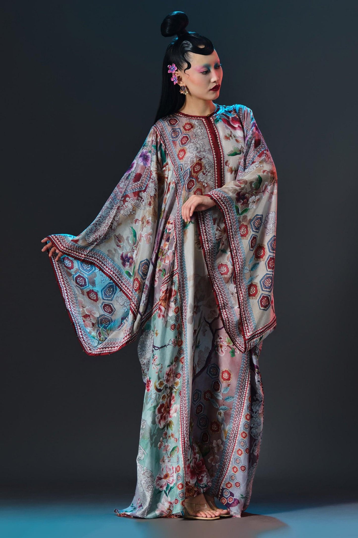 Beige Silk Round Neck Beatrice Printed Boxy - Designer Kurta Set