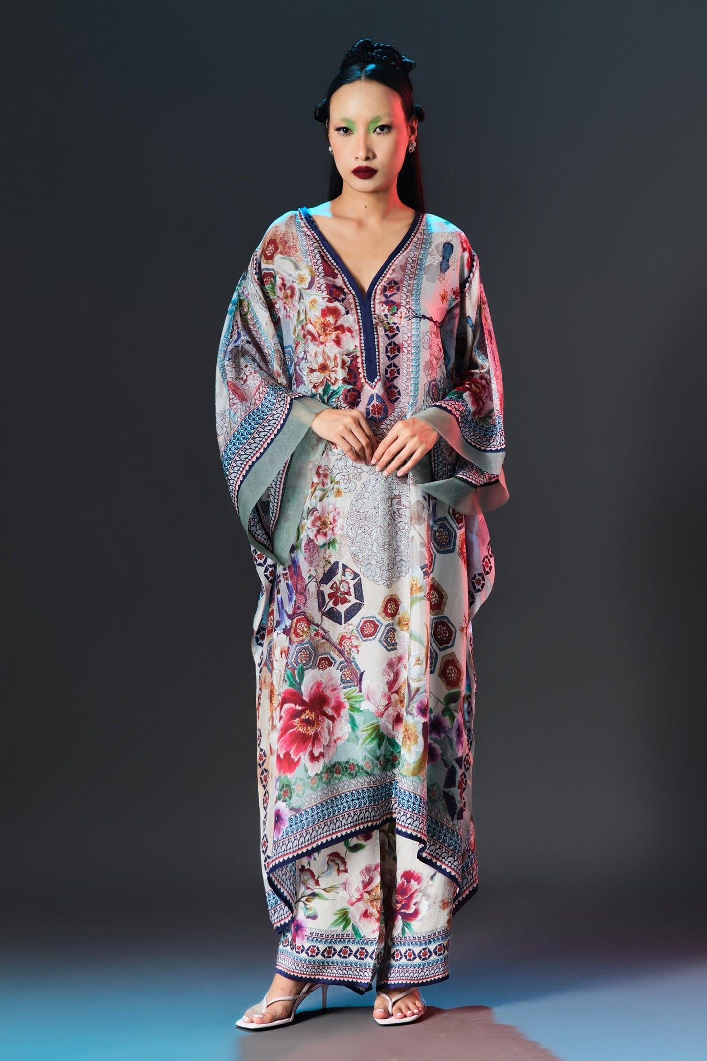 Beige Silk V-neck Olivia Floral Print - Designer Kurta Set