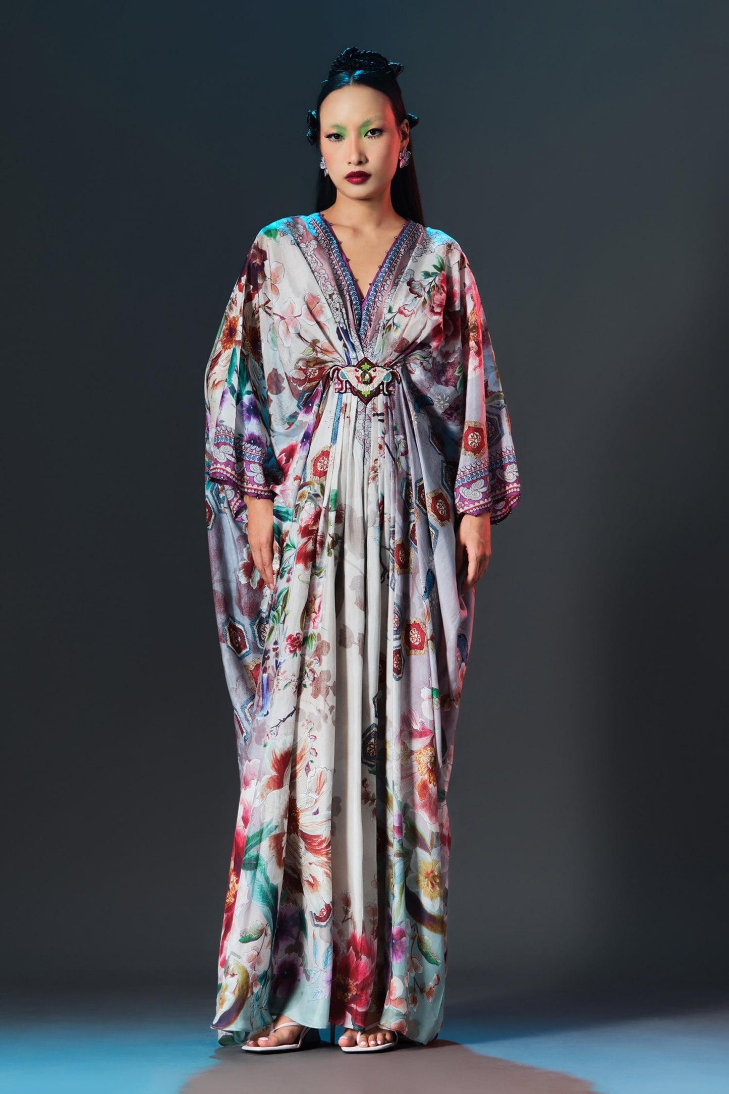 Beige Silk V-neck Printed Imama Kaftan - Designer Kurta Set