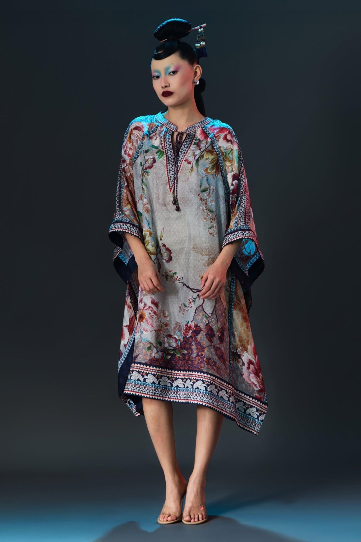 Beige Silk V-neck Ramona Floral Printed - Designer Kurta Set