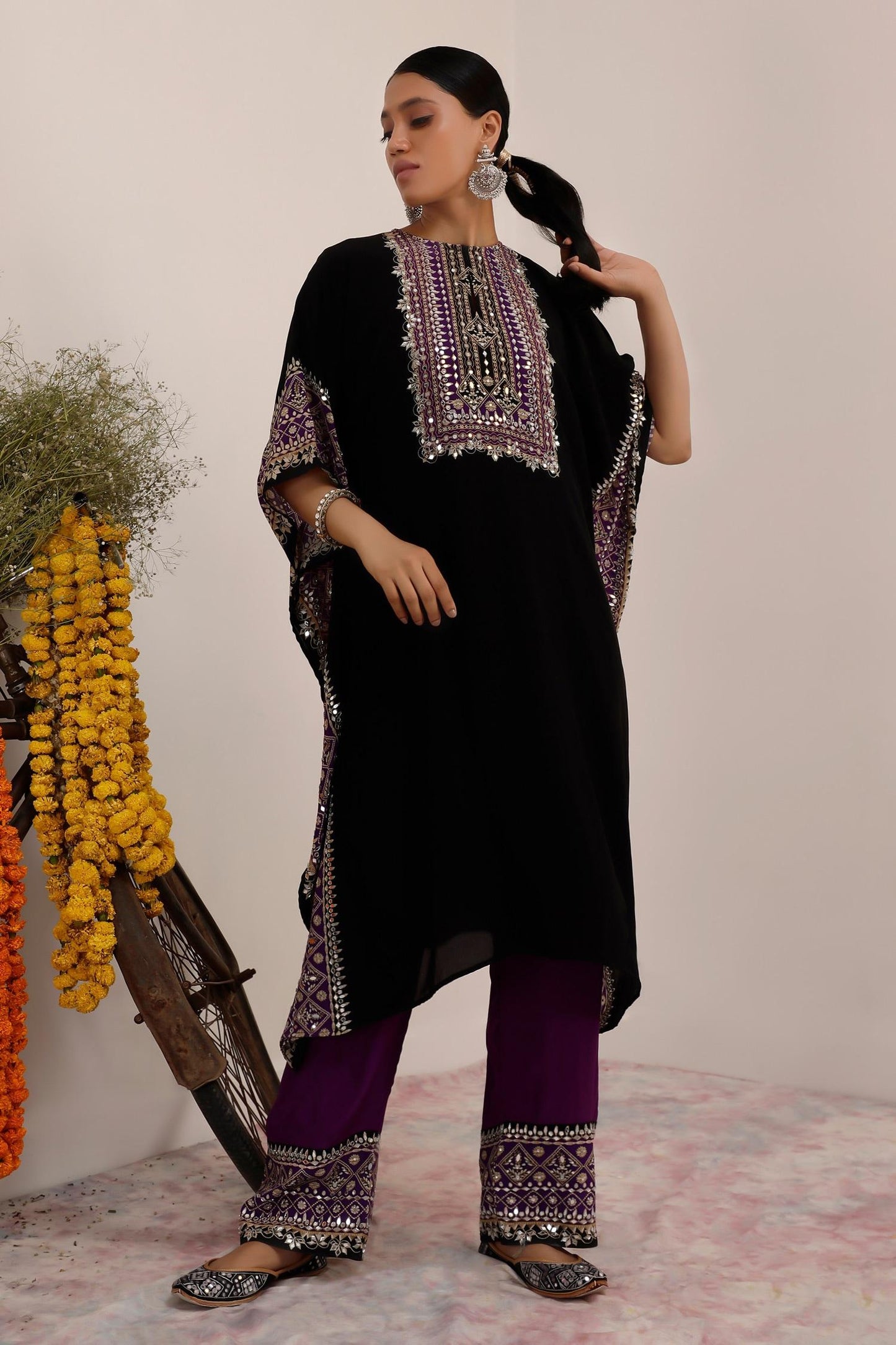 Black Crepe Mirrors Collared And Purple Flora Kaftan Set - Designer Kurta Set