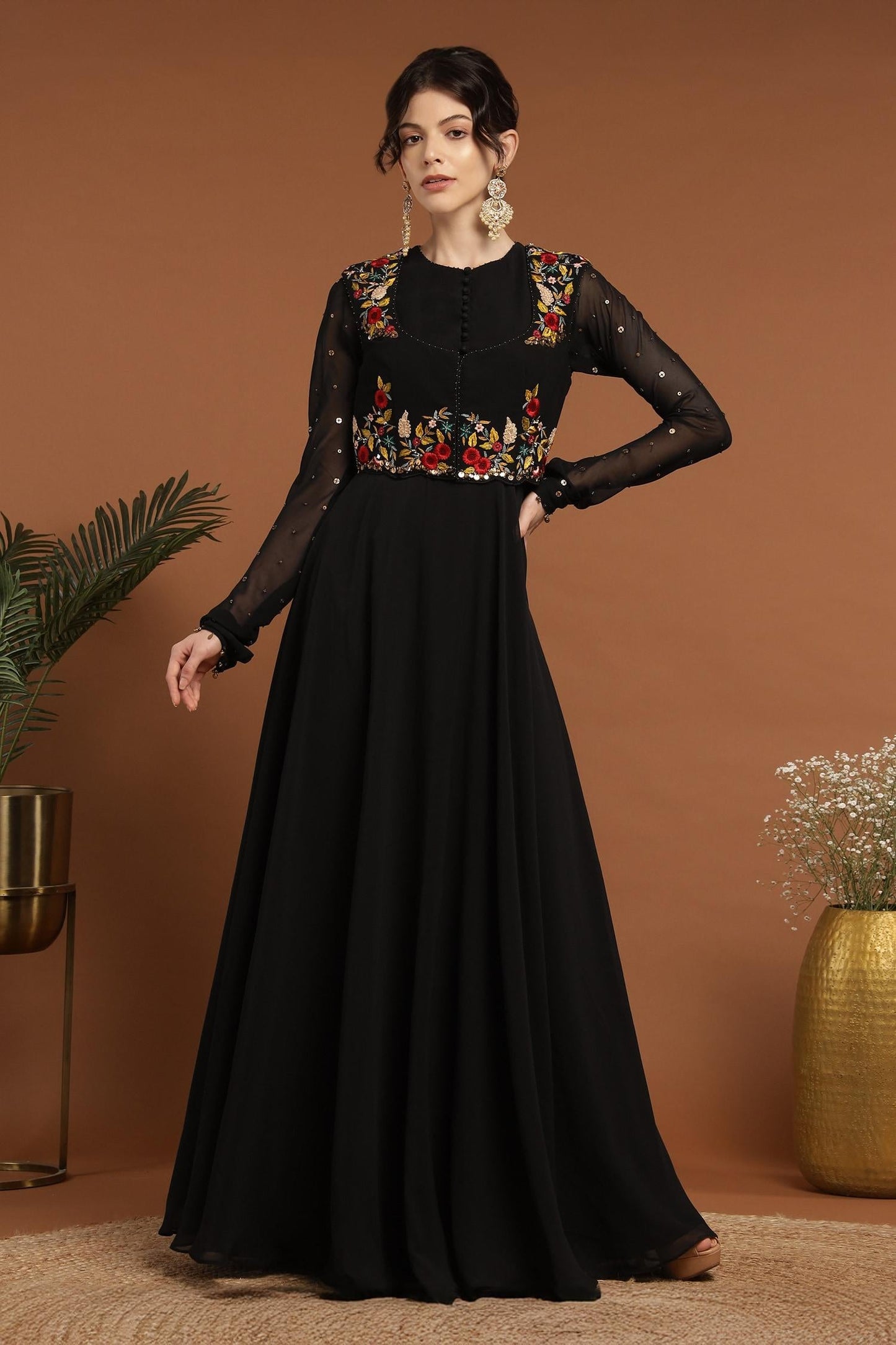 Black Georgette Embroidery, Sequins Floral Thread Jacket With Work Anarkali - Designer Kurta Set