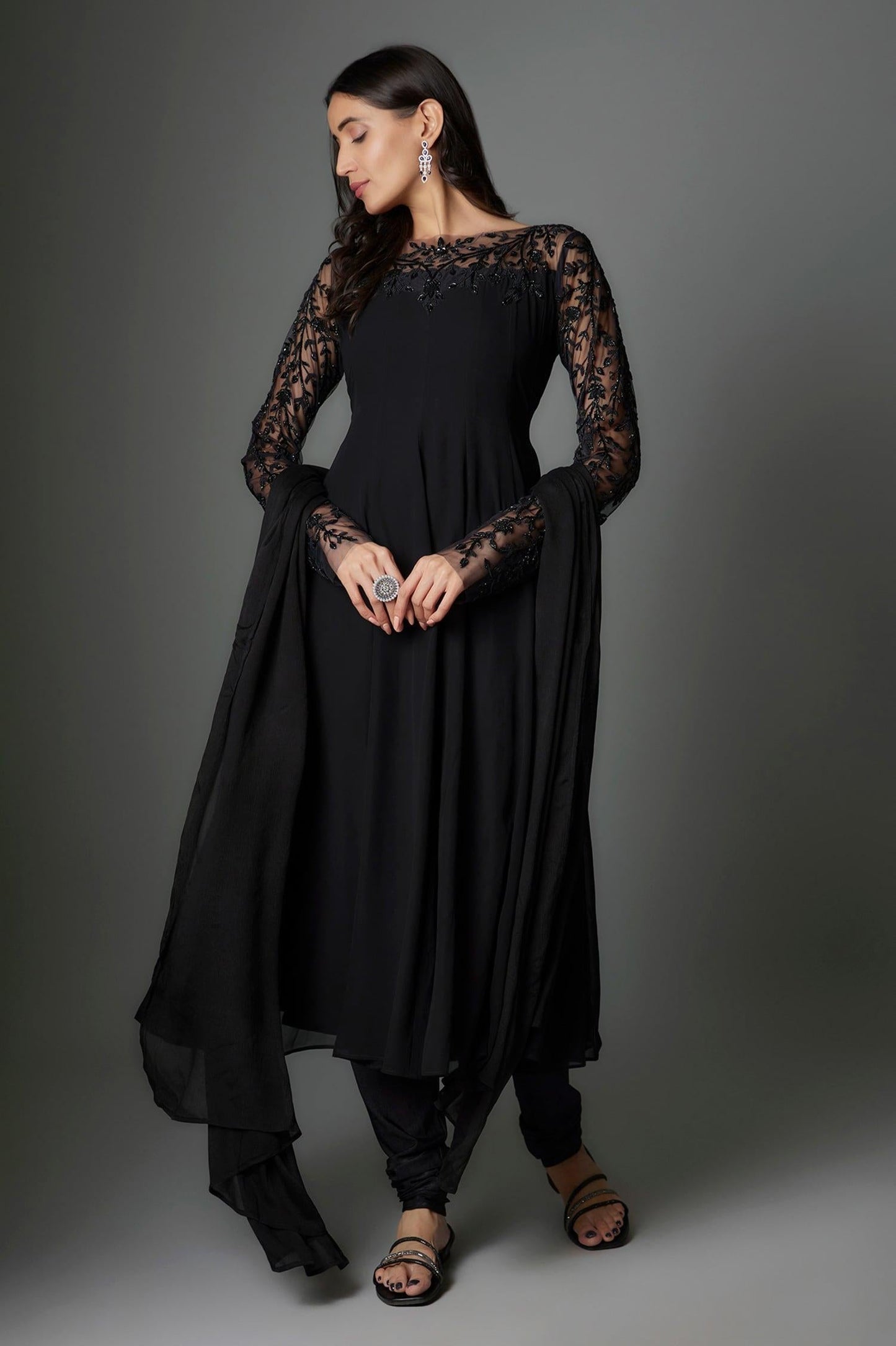 Black Georgette, Lycra Embroidery Round Neck Anarkali Set - Designer Kurta Set
