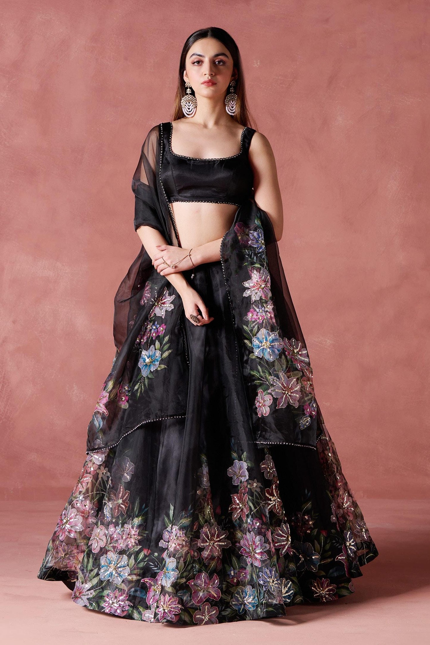 Black Organza Zari, Sequins Round Petunia Garden Print And Embellished Lehenga Set - Designer Kurta Set