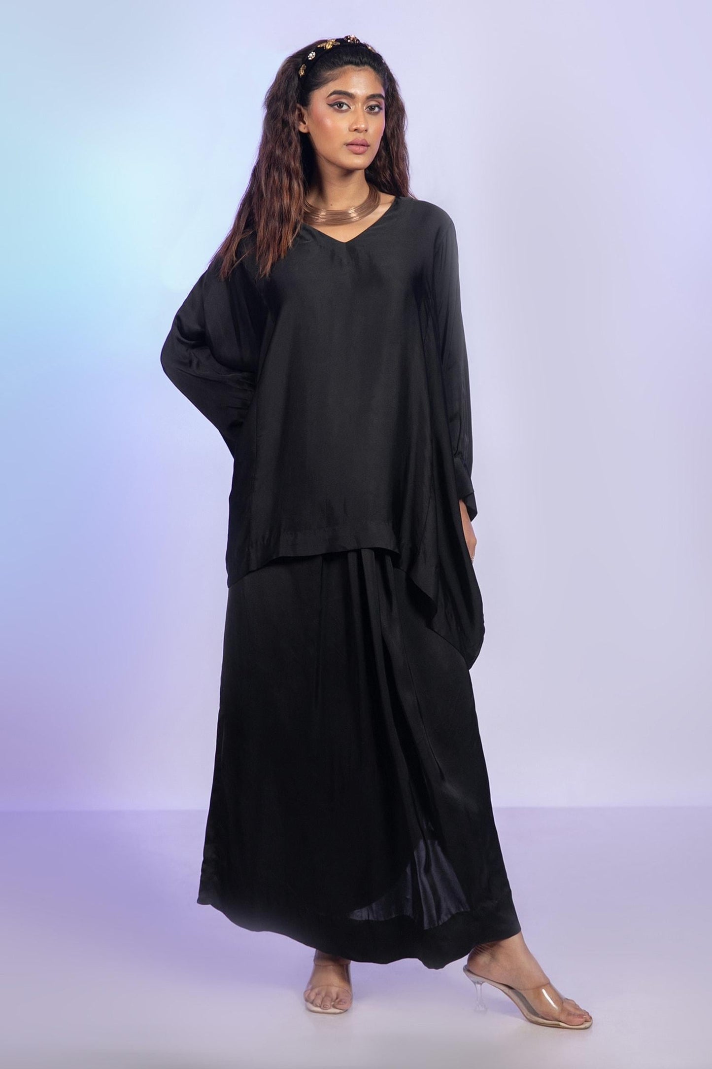 Black Satin V-neck Kaftan Top And Lungi Skirt Set - Designer Kurta Set