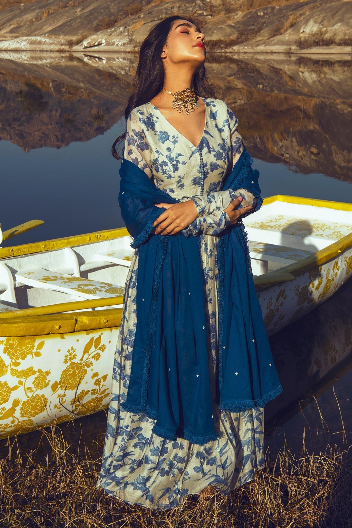 Blue Anarkali Malai Chanderi Dupatta Mul Cotton V Neck With - Designer Kurta Set