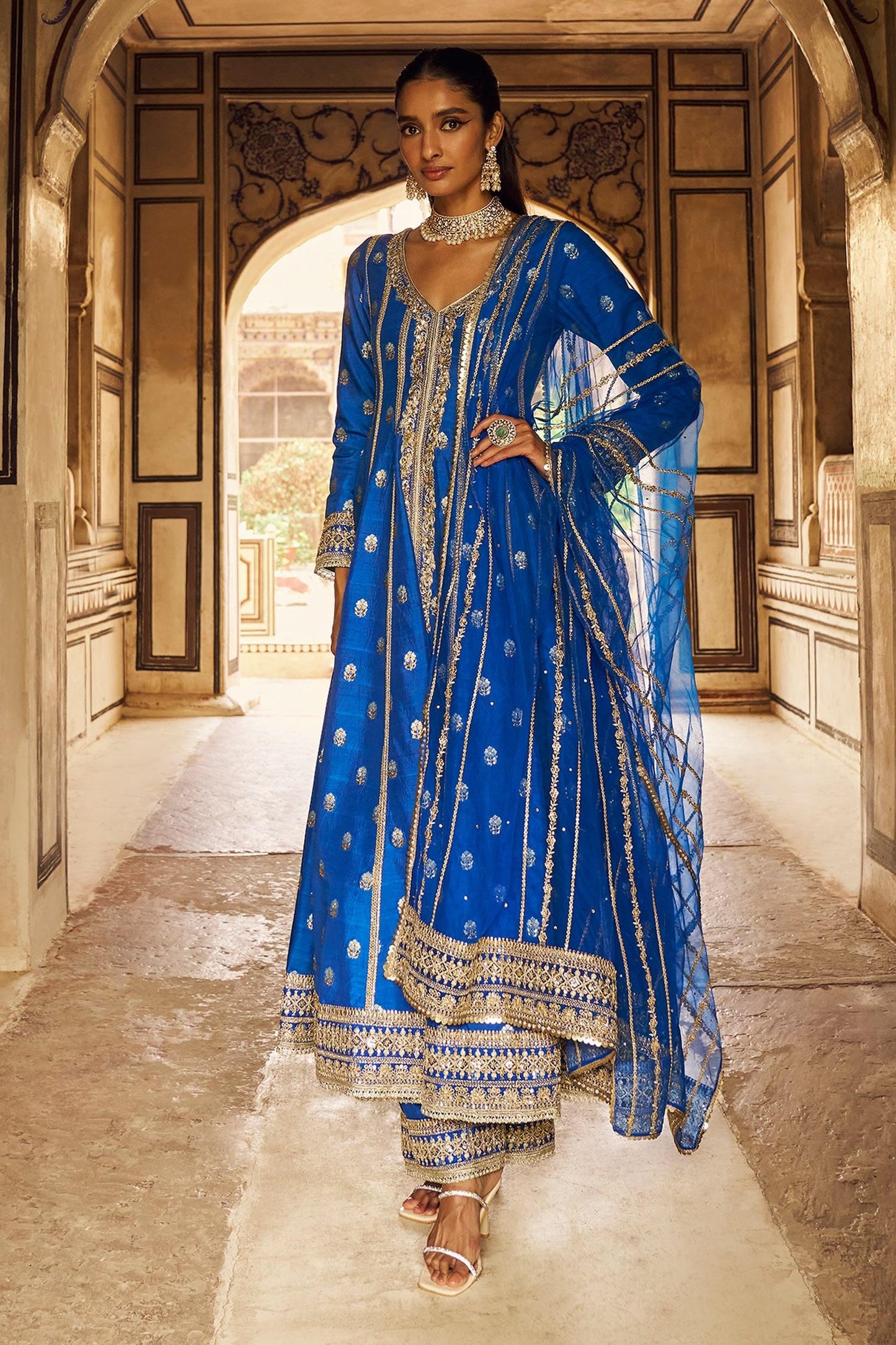 Blue Brocade, Chiffon Zari, Sequins, Floral Bloom Anarkali Palazzo Set - Designer Kurta Set
