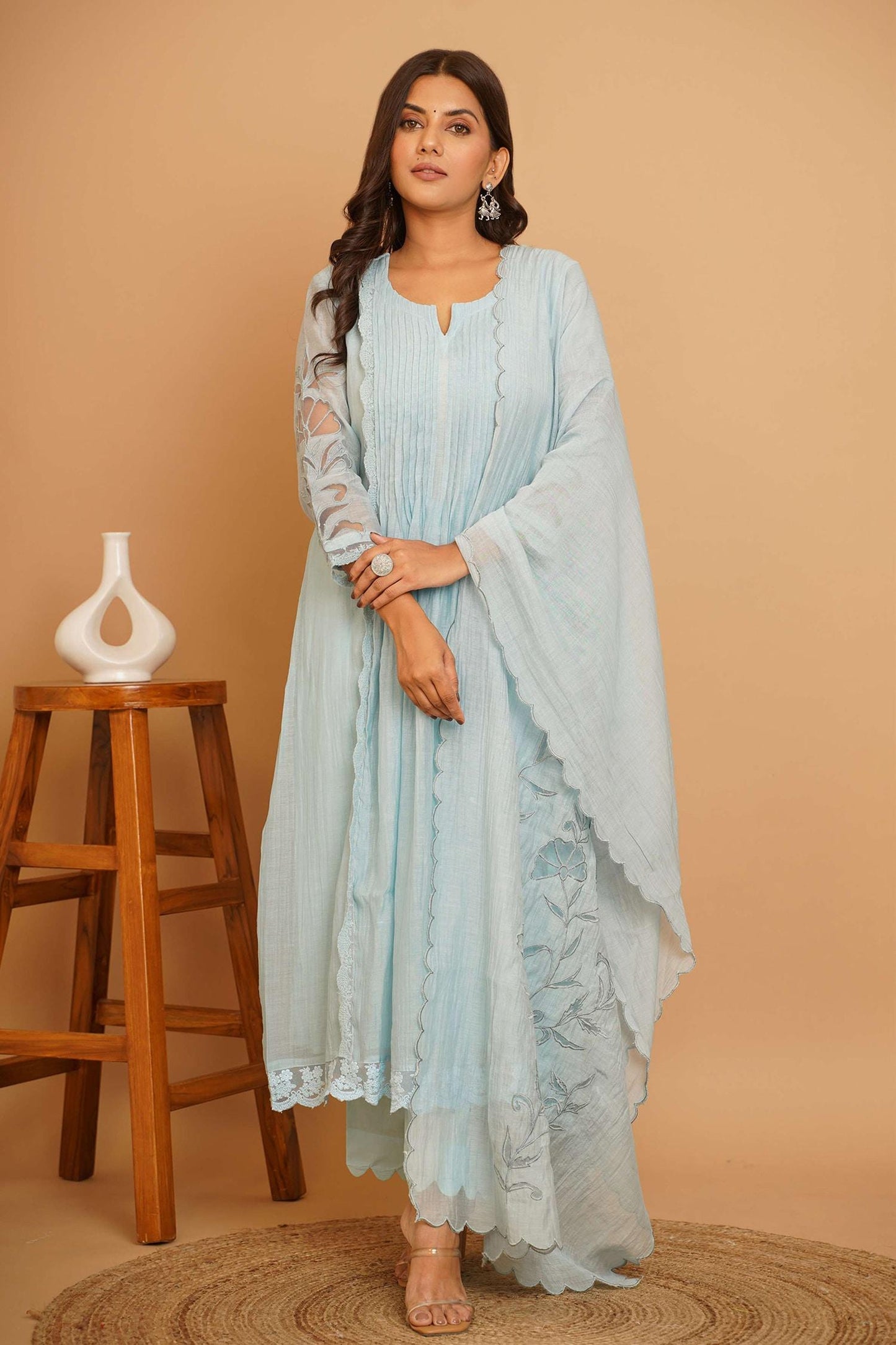 Blue Chanderi Embroidery, Cut Work Round Neck Phool Garden Anarkali Set - Designer Kurta Set