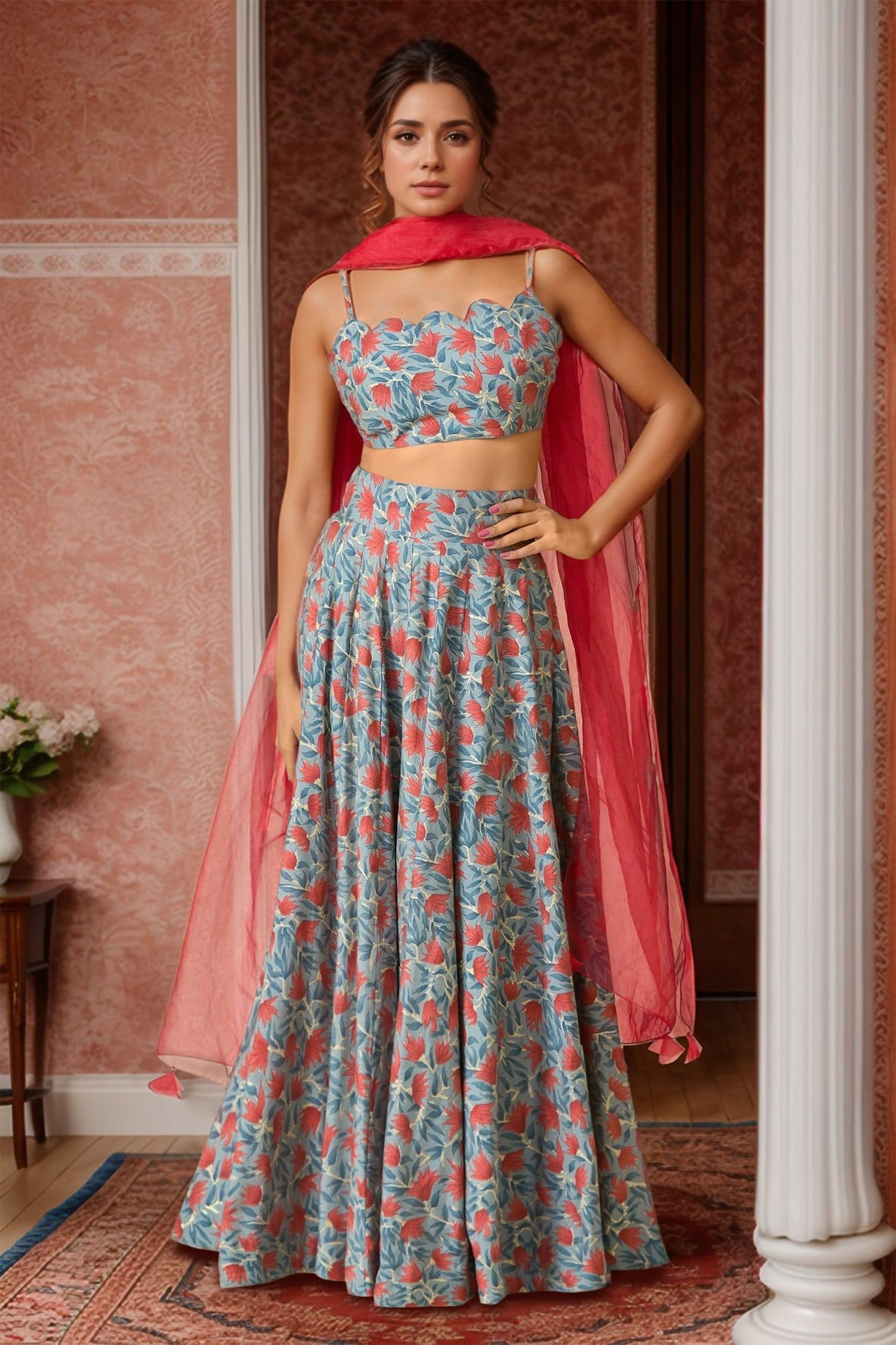 Blue Chanderi, Organza Scoop Neck Floral Printed Lehenga Set - Designer Kurta Set