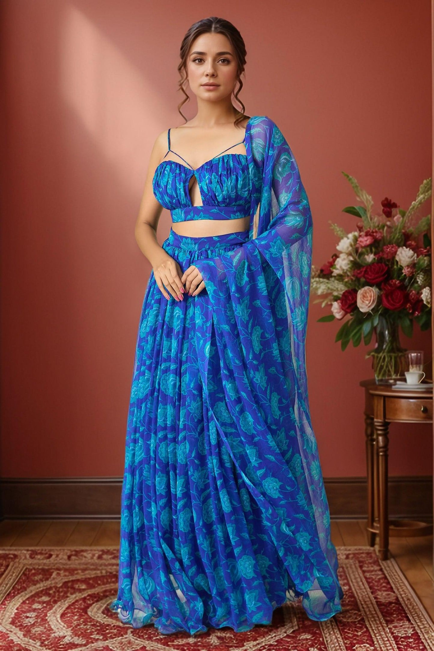 Blue Chiffon Embroidery V-neck Floral Print Pleated Lehenga Set - Designer Kurta Set