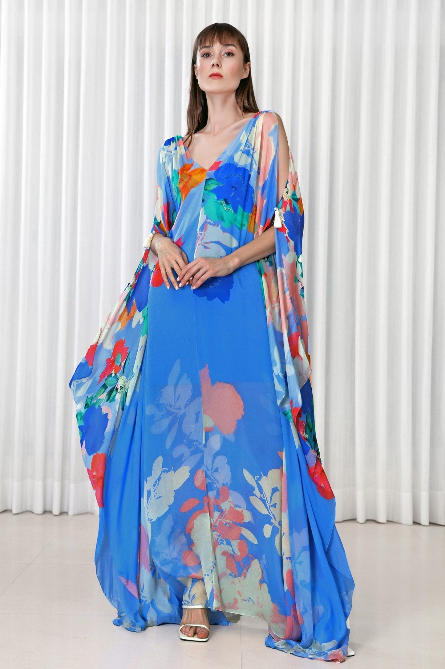 Blue Chiffon Embroidery V-neck Hibiscus Print Kaftan - Designer Kurta Set