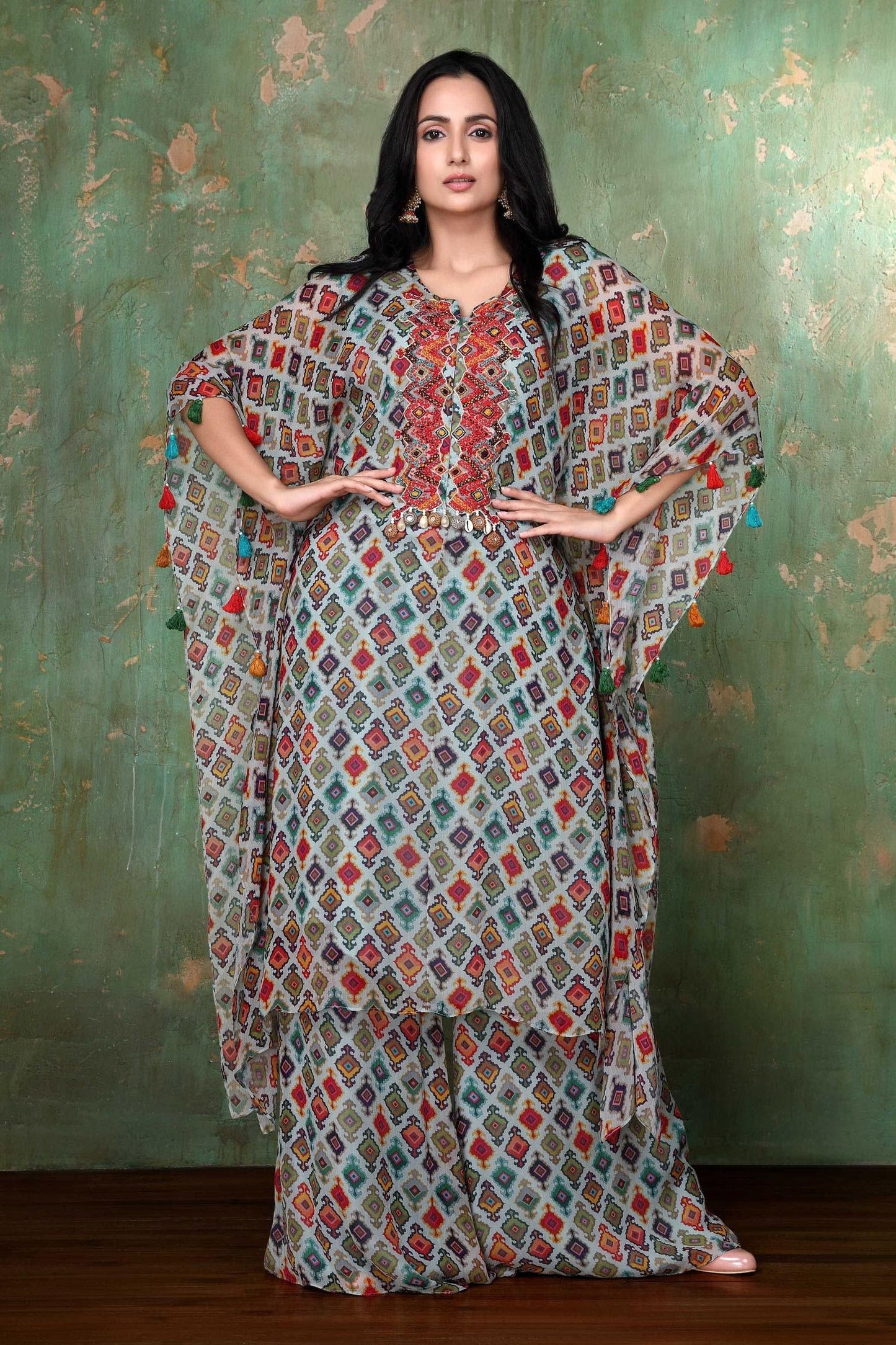 Blue Chiffon Geometric Notched Printed Kaftan And Palazzo Set - Designer Kurta Set