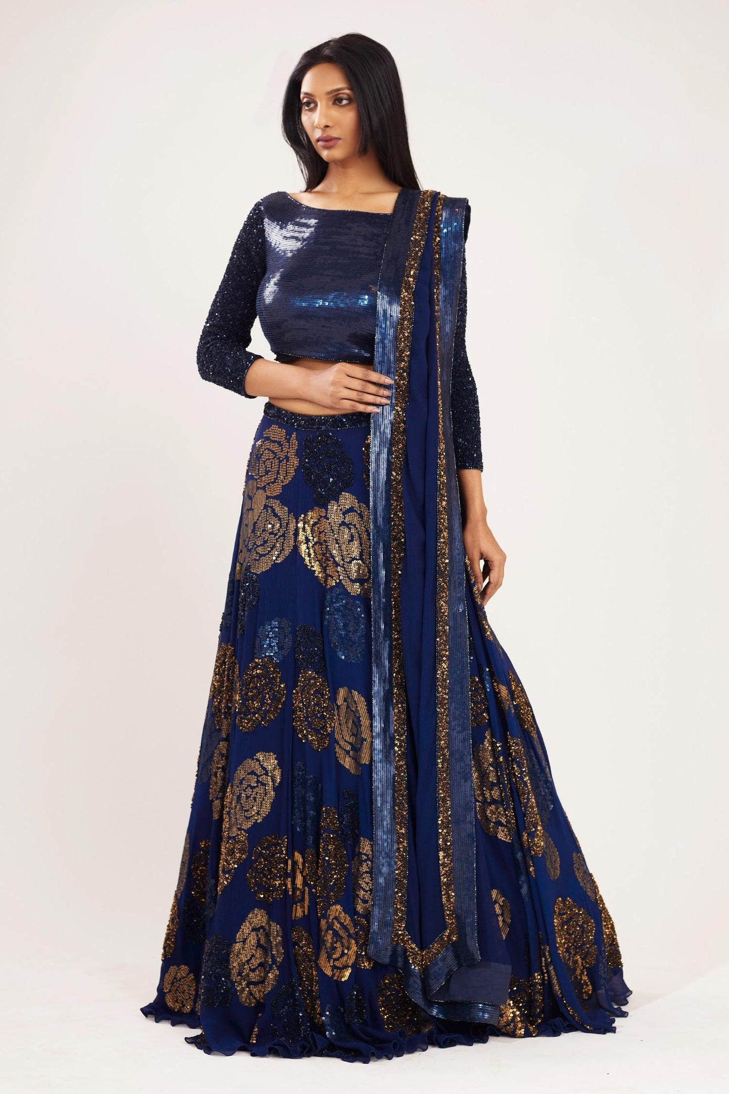 Blue Chiffon Round Embroidered Bridal Lehenga Set - Designer Kurta Set