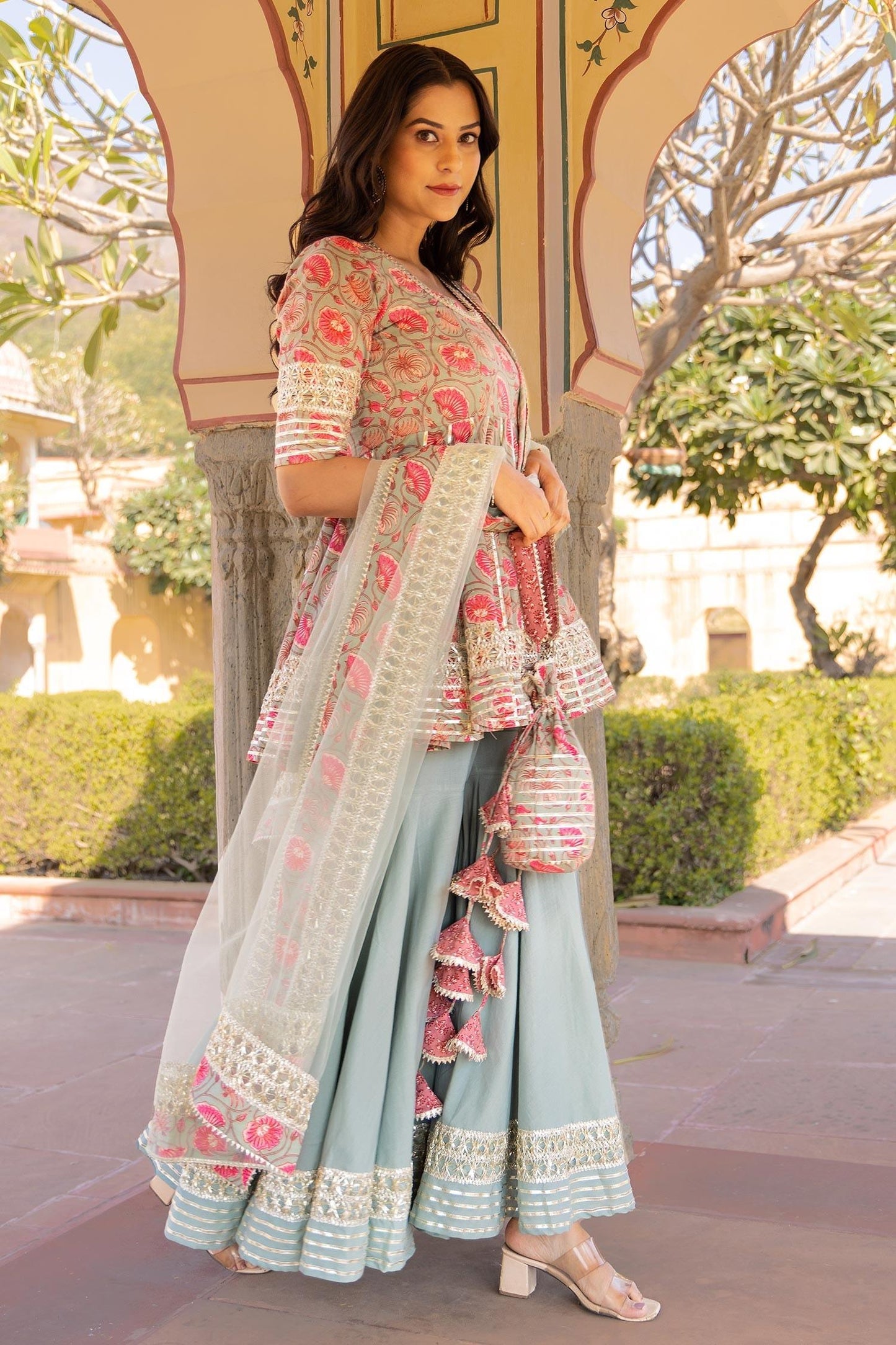 Blue Cotton, Net Embroidery, Gota Patti Scoop Fareen Short Anarkali Sharara Set - Designer Kurta Set