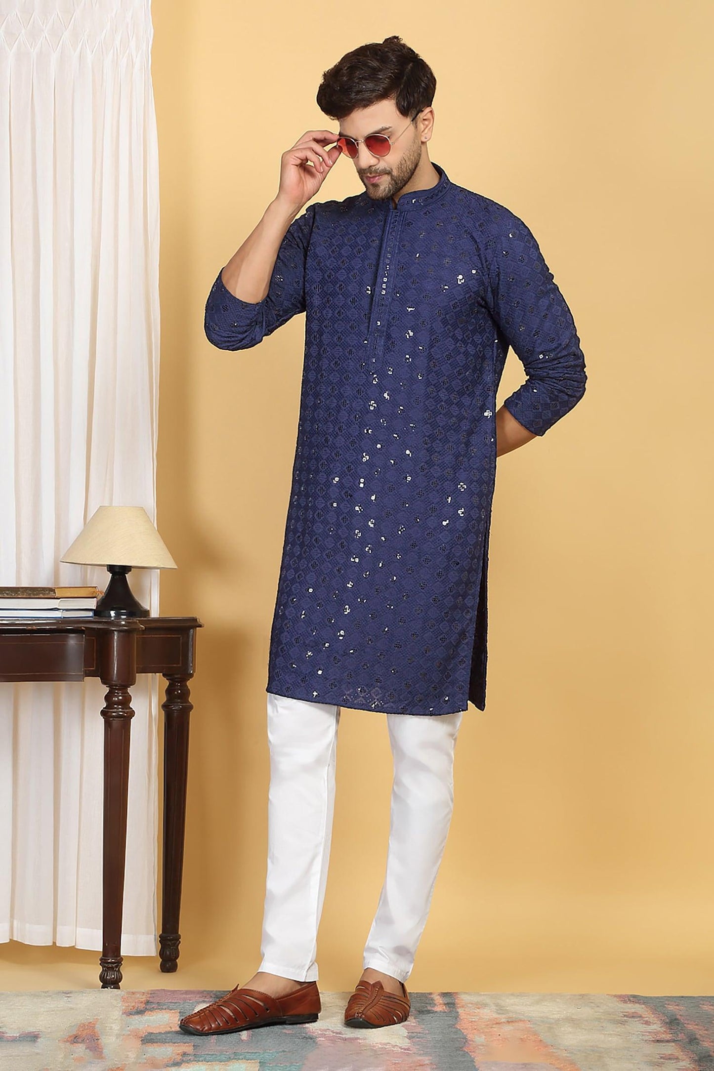 Kurta With Pant Blue Cotton Sequins Embroidery Nav Harsh Quad Bloom Thread