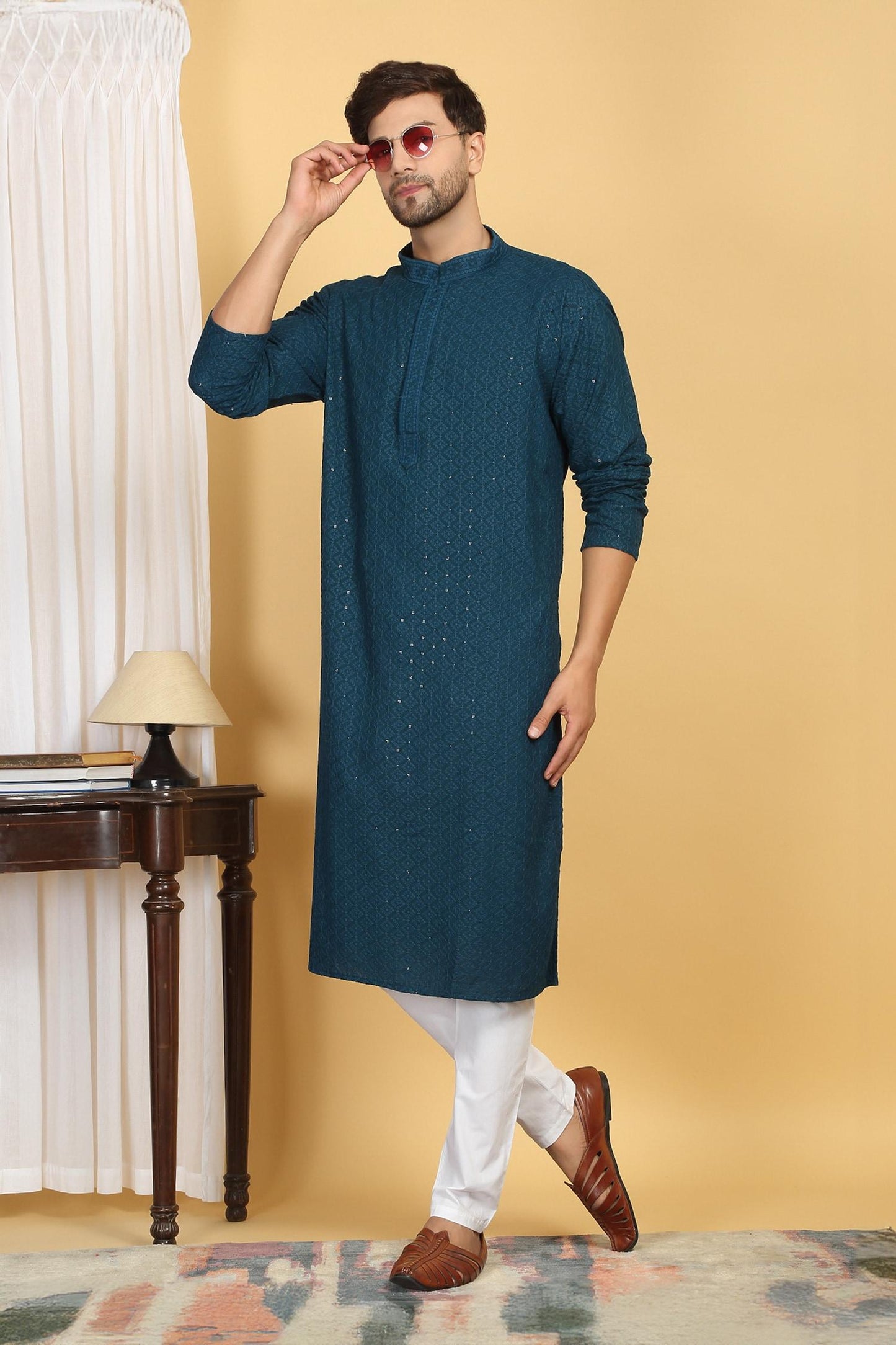 Kurta With Pant Blue Cotton Sequins Heera Vine Thread Embroidered