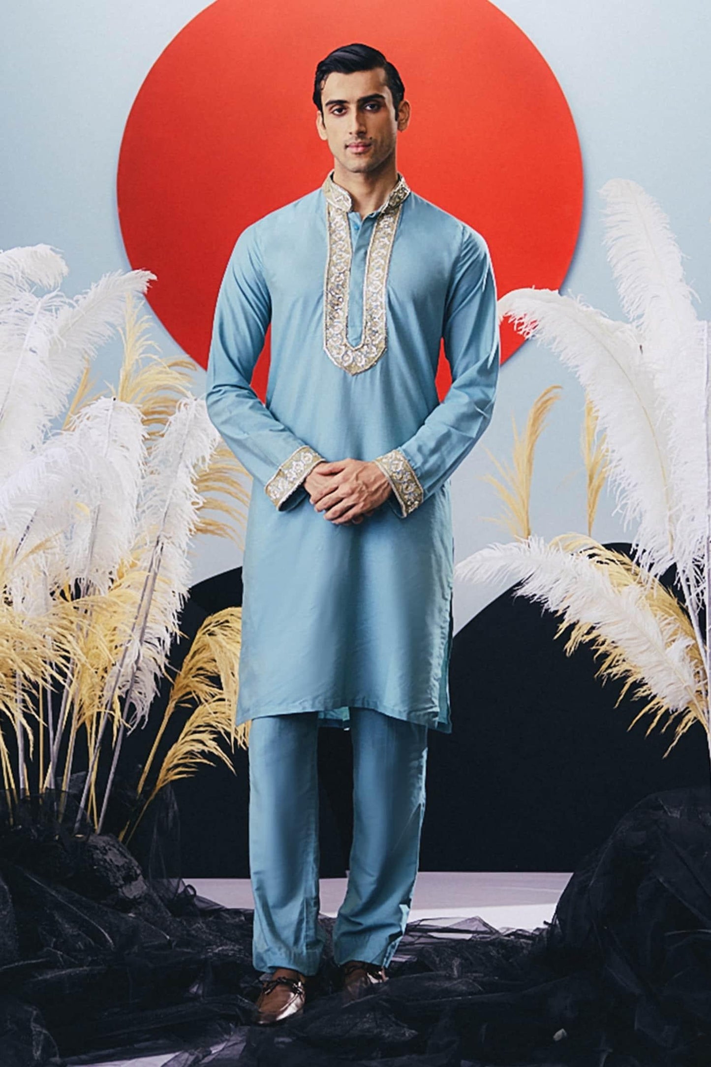 Kurta Set Blue Cotton Silk Cut Work Designer