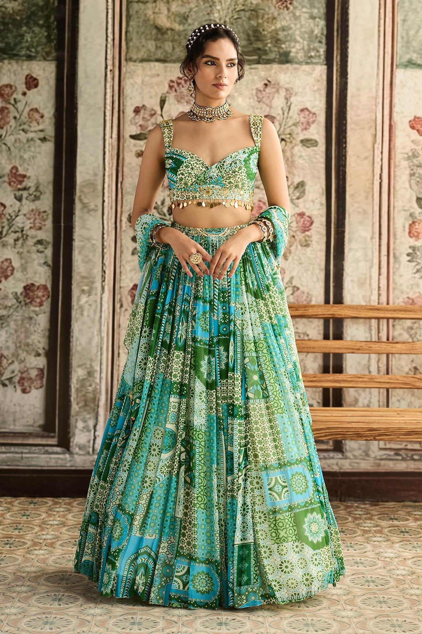 Blue Crepe, Georgette Sequins, Embroidery Aqua And Green Printed Lehenga Set - Designer Kurta Set