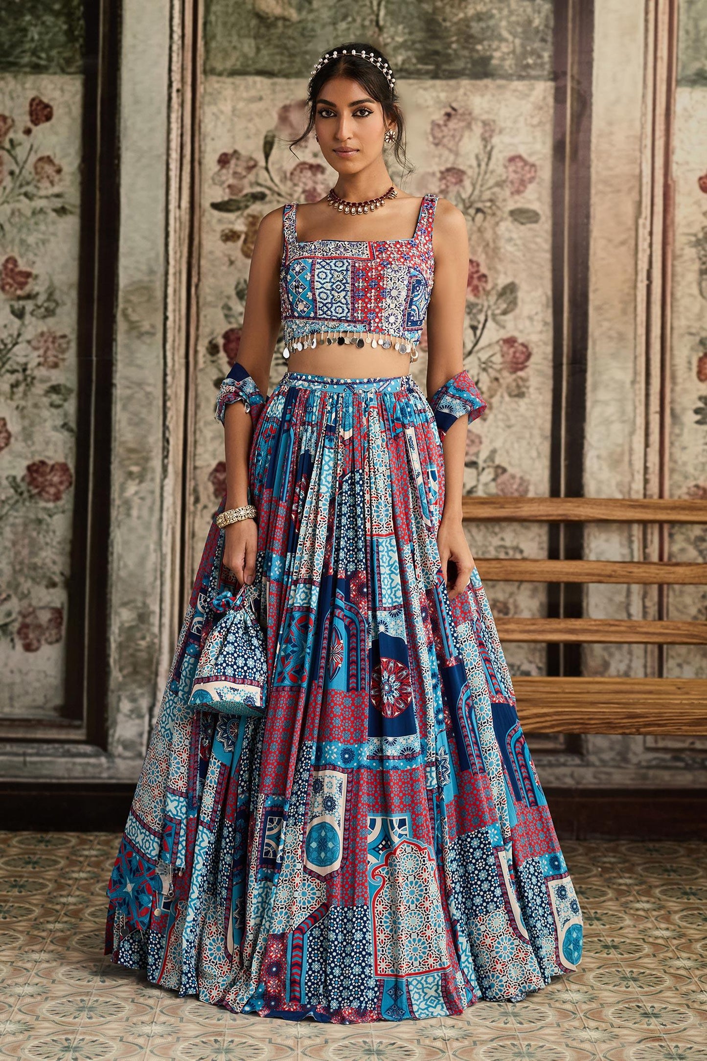 Blue Crepe, Georgette Tassels Square Neck Teal Printed Lehenga Set - Designer Kurta Set