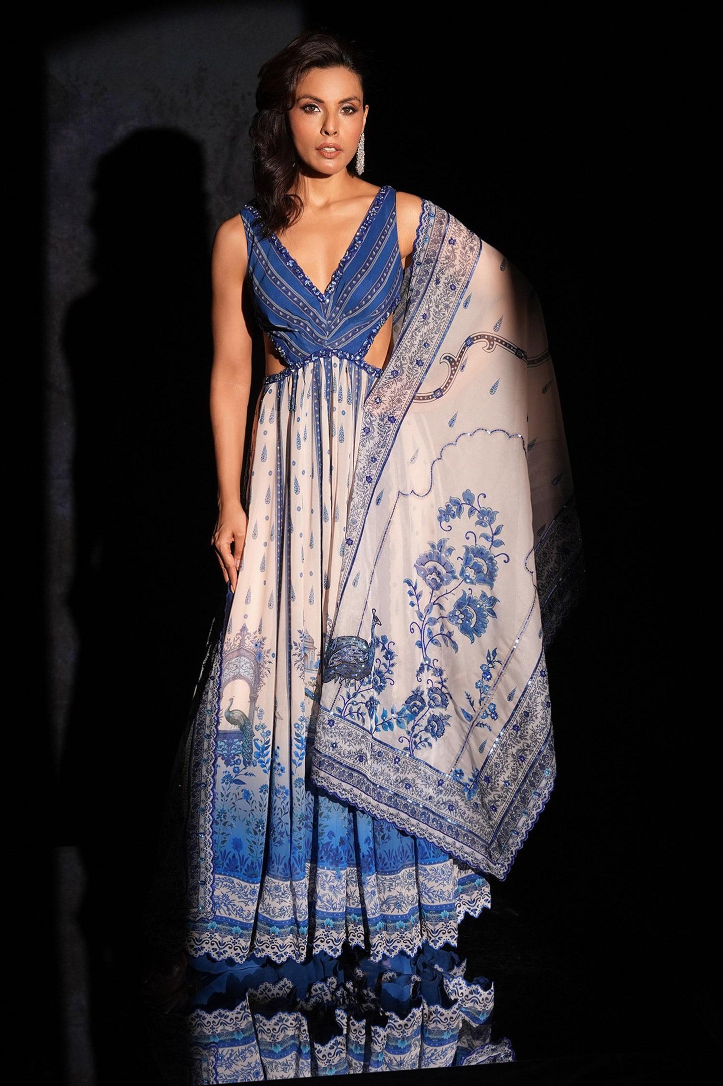 Blue Georgette, Net Embroidery V-neck Anarkali Set - Designer Kurta Set