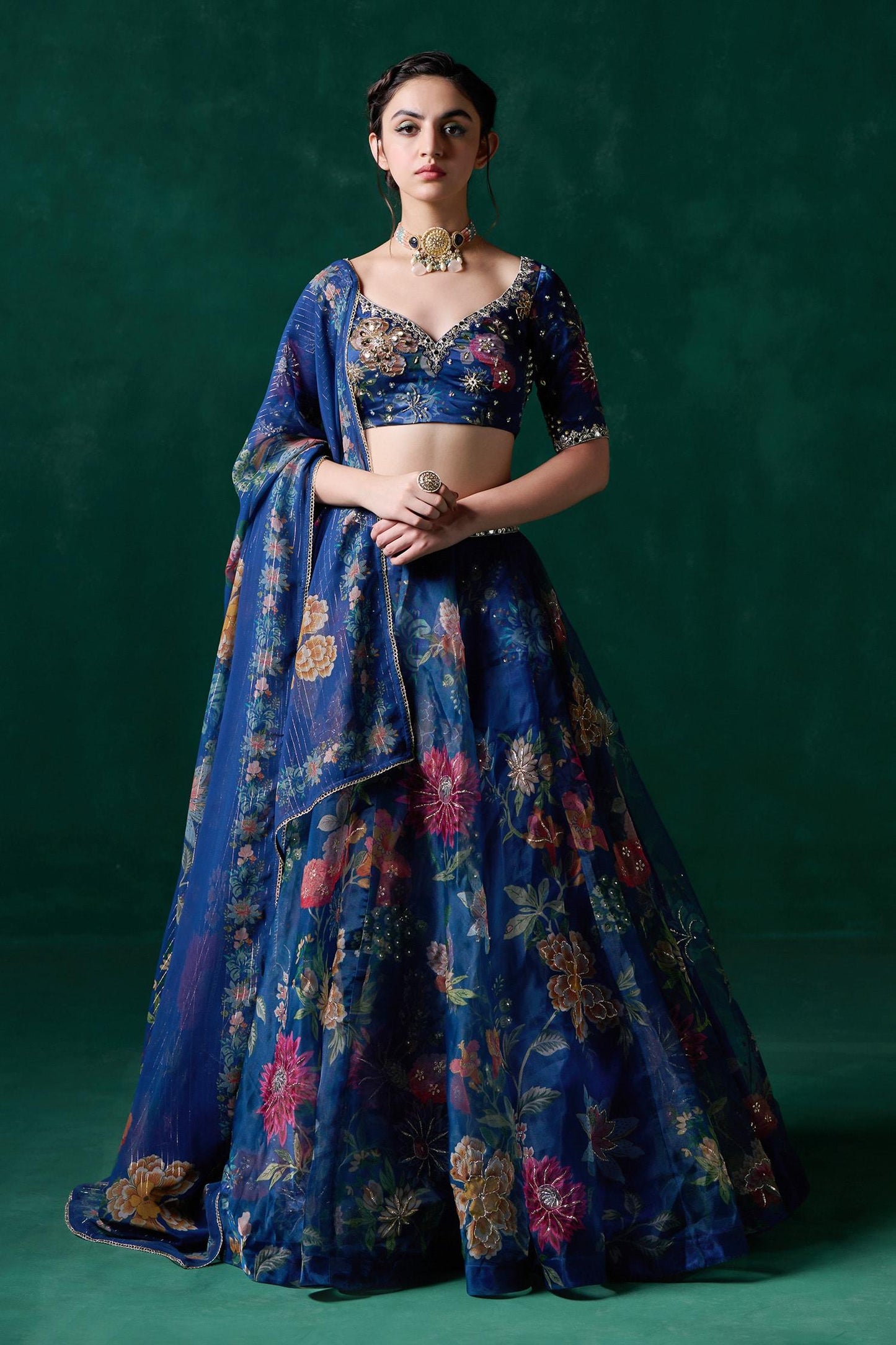 Blue Georgette Sequins, Stones, Floral Embroidered Blouse And Lehenga Set - Designer Kurta Set