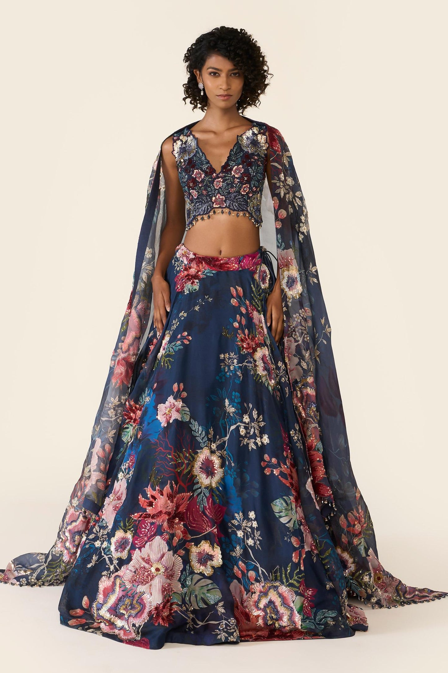 Blue Organza Sequins, Cut Work, Embroidery V-neck And Bead Printed Lehenga Set - Designer Kurta Set