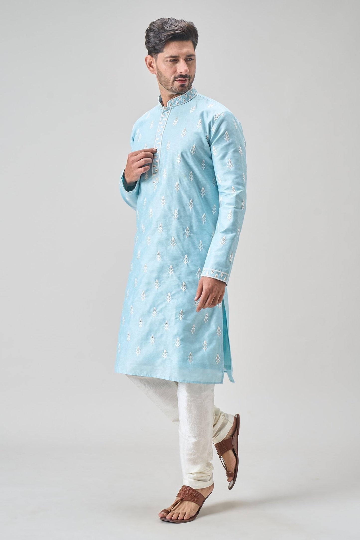 Kurta Set Blue Polyester Chanderi Embroidery Floral Thread