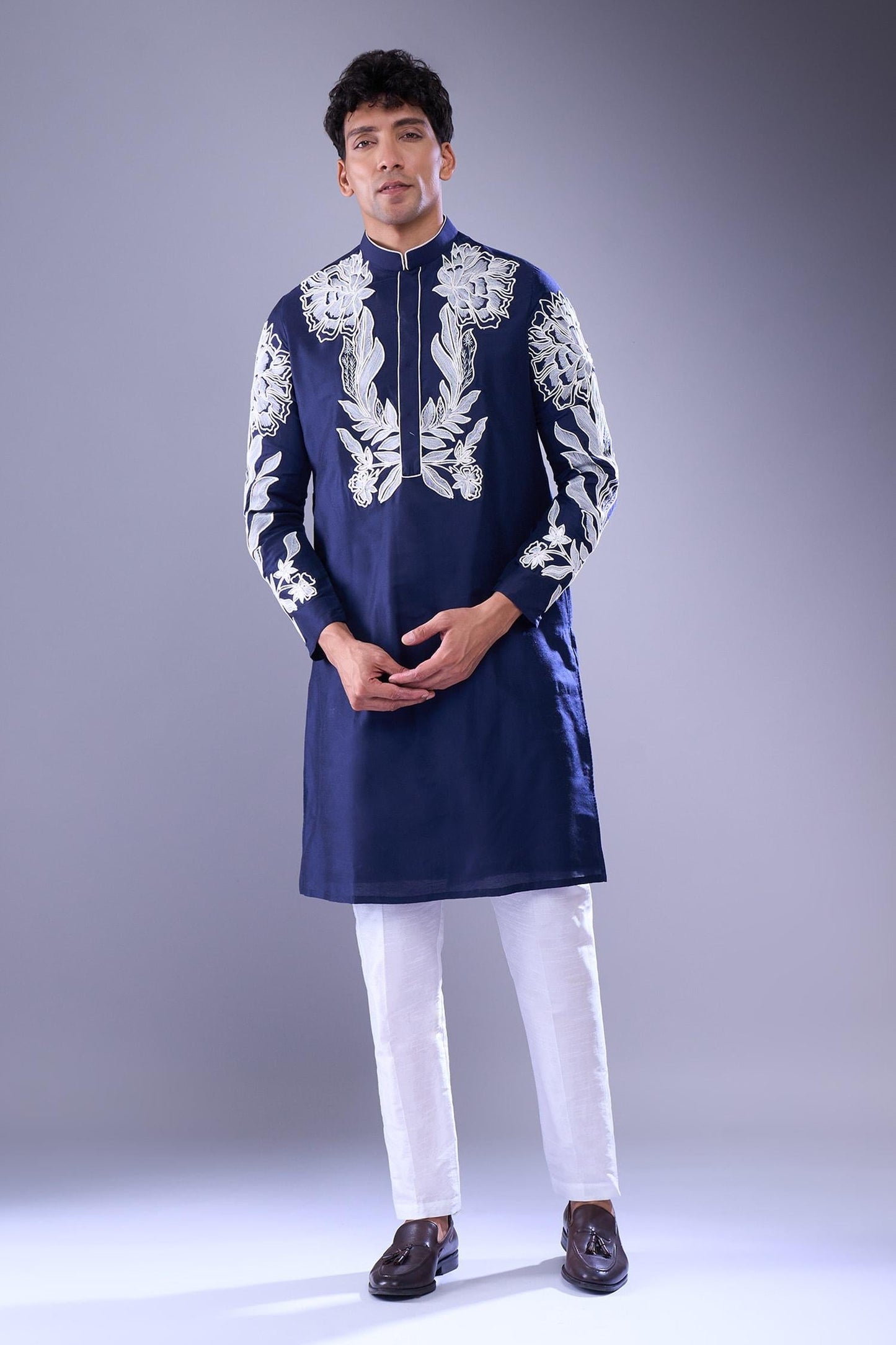 Kurta Set Blue Polyester Silk Embroidery Floral Vine