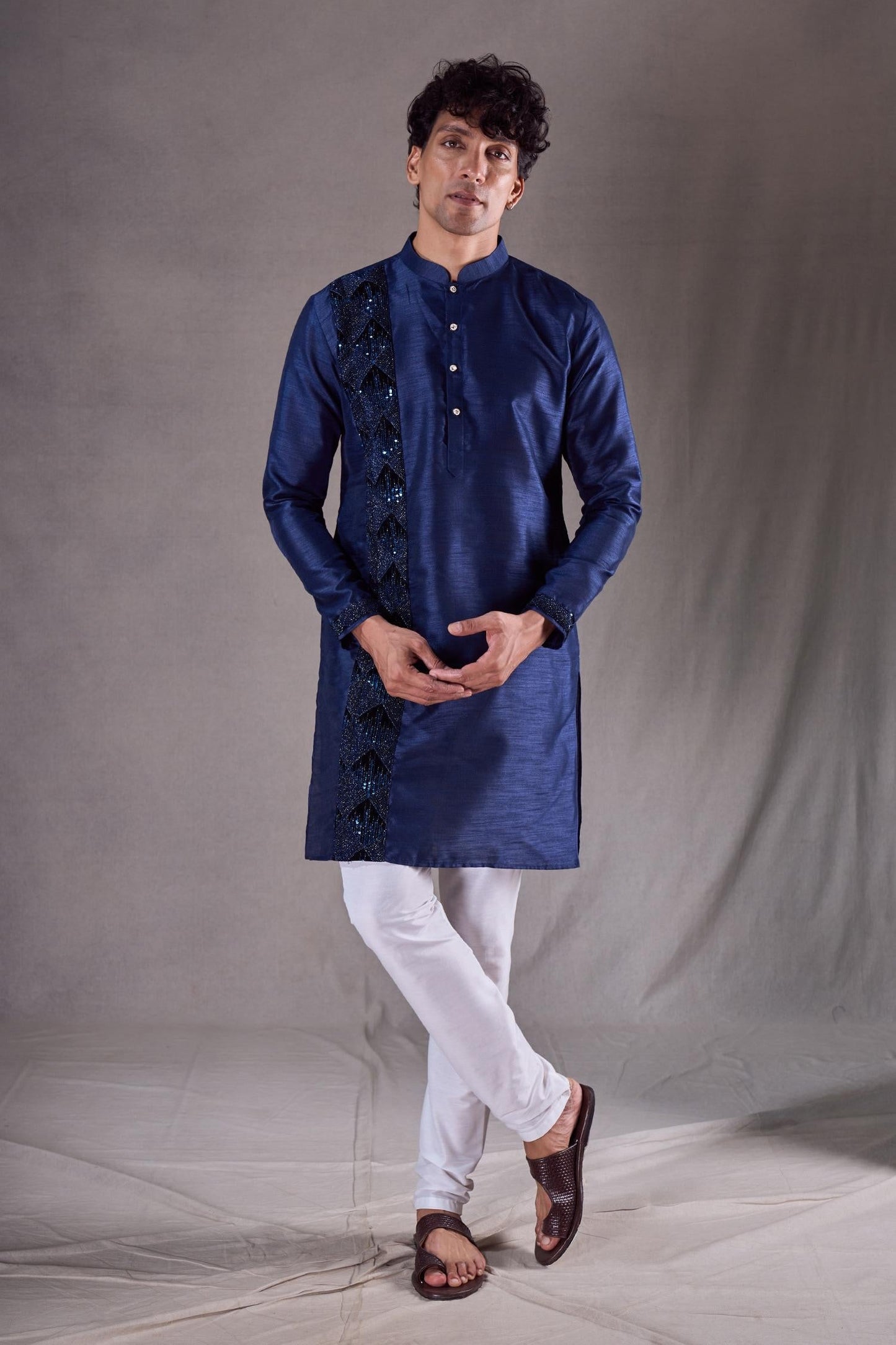 Kurta Set Blue Satin Chanderi Cut Cutdana Placement Embroidered