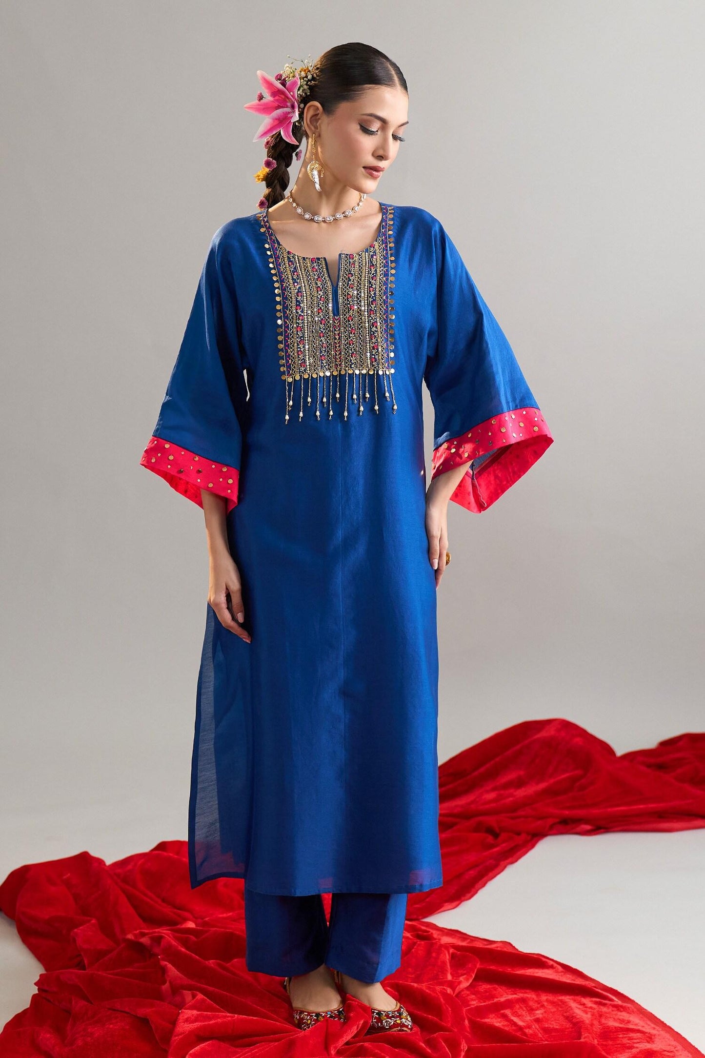 Blue Silk, Chanderi Sequins, Pearls Round Embroidered Royal Kaftan And Pant Set - Designer Kurta Set