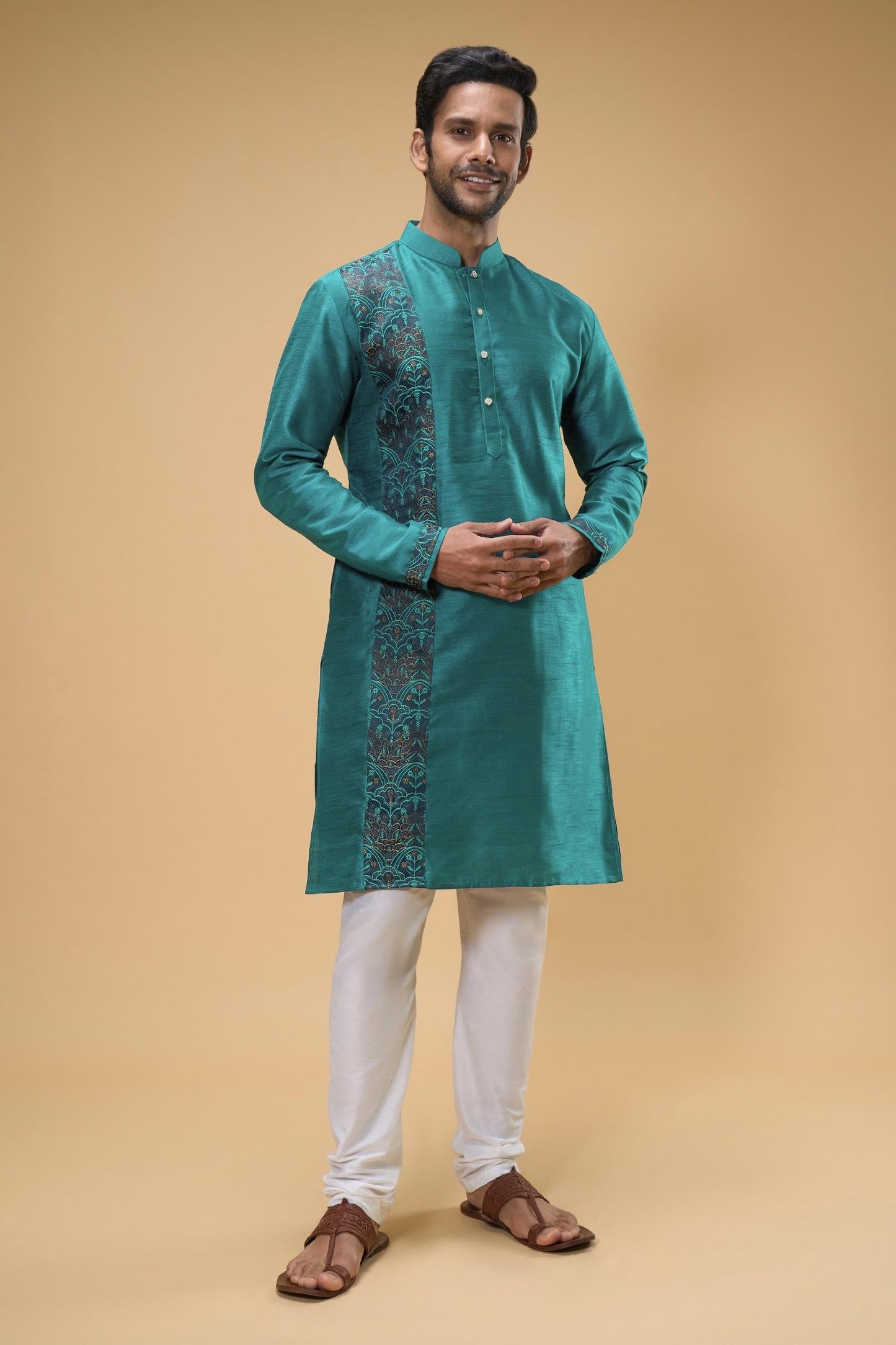 Kurta And Churidar Set Blue Silk Chanderi Silk Chiffon Thread Placement Work
