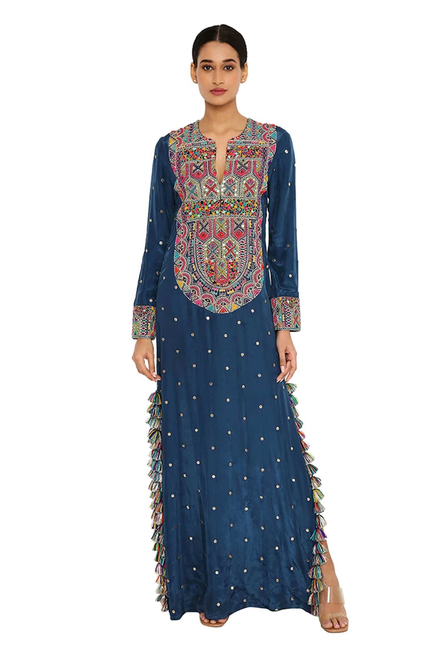 Blue Silk Embroidered Geometric Notched Kaftan - Designer Kurta Set