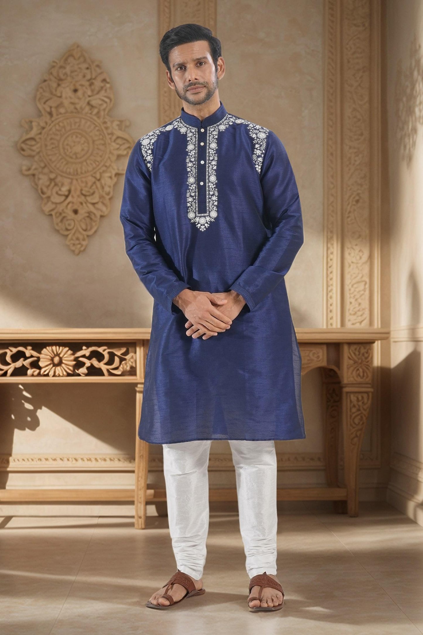 Kurta Set Blue Silk Embroidery Floral Thread Work